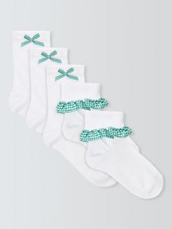 John Lewis Children's Gingham Trim Socks, Pack of 5, White/Green