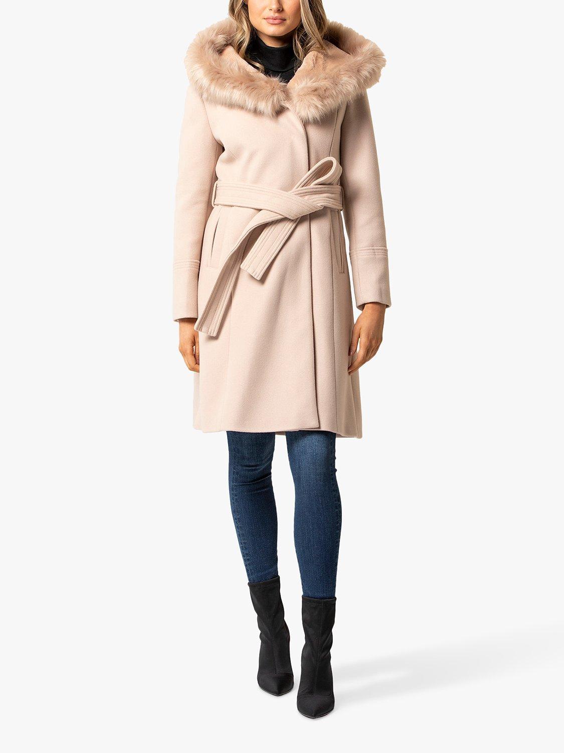 Forever New Bianca Faux Fur Trim Hood Wrap Coat, Soft Oatmeal