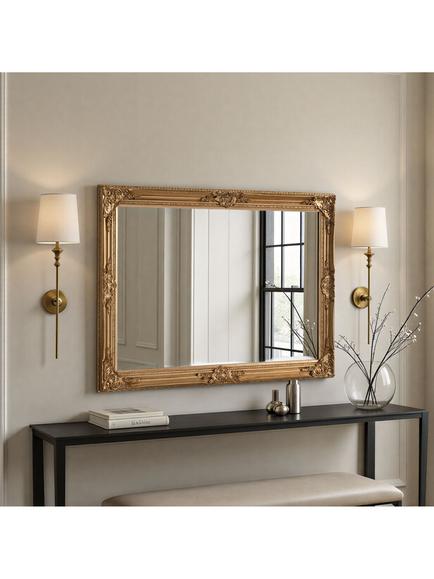 Yearn Baroque Rectangular Wood Framed Wall Mirror, Gold