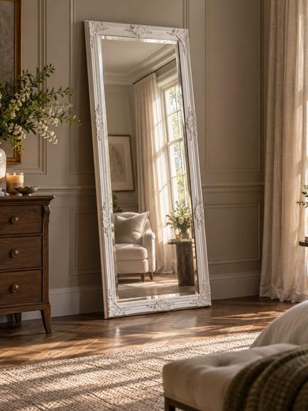 Yearn Baroque Rectangular Wood Framed Wall Mirror - view 2, White