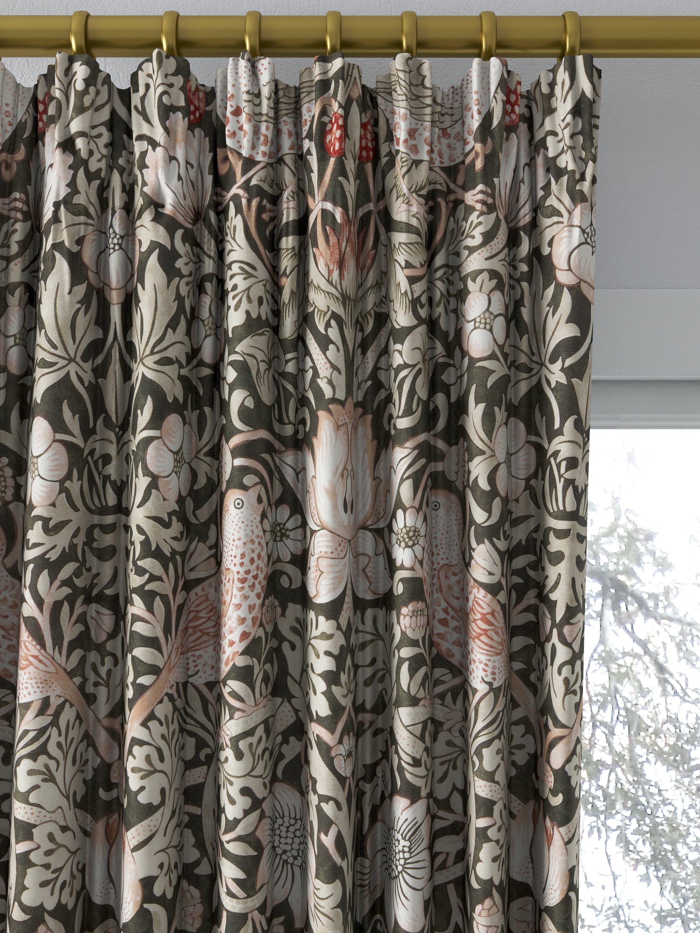 Morris & Co. Strawberry Thief Pair Lined Pencil Pleat Curtains, Charcoal/Pink