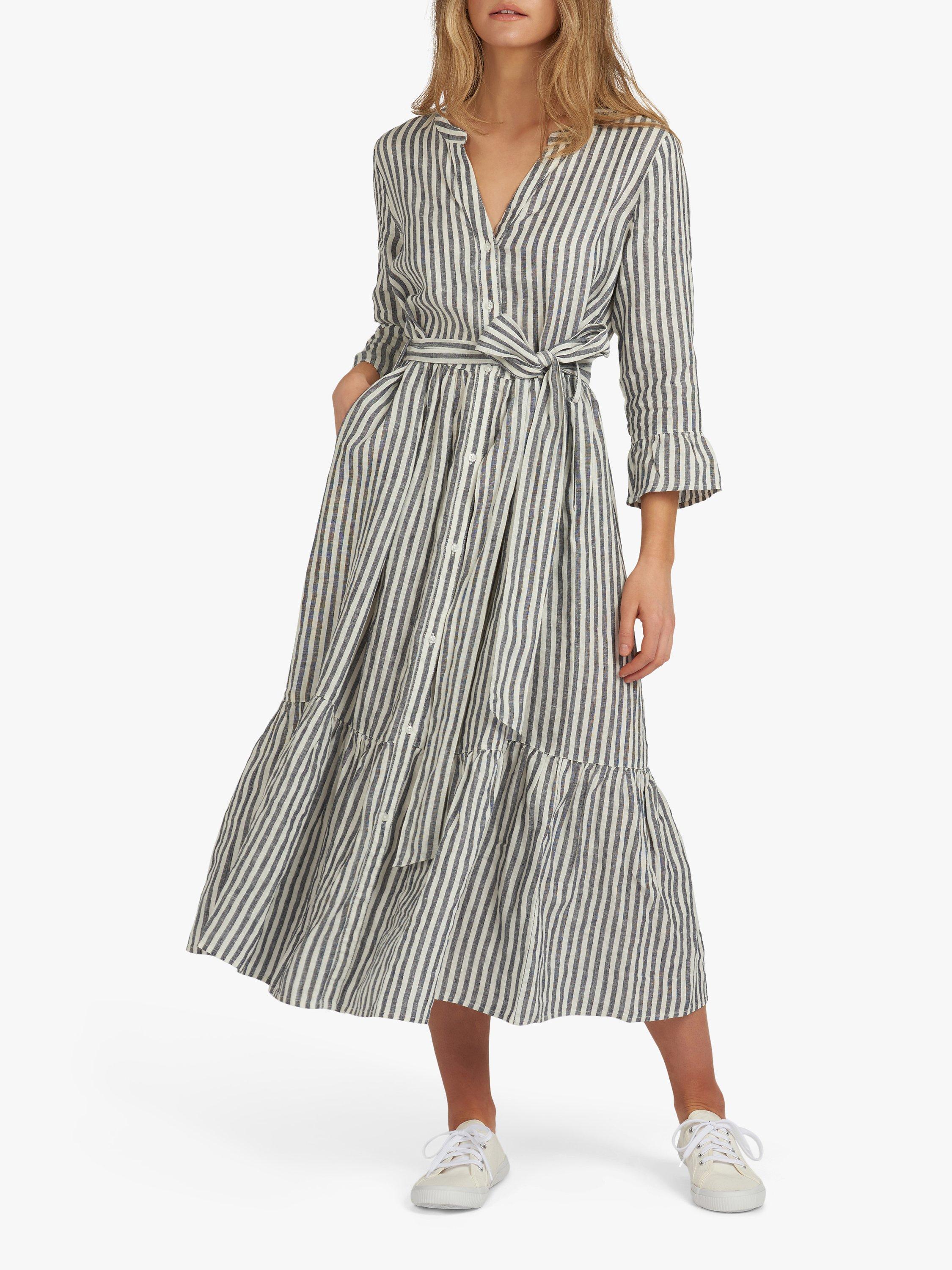 Barbour Wilderness Collection Adeline Linen Stripe Tiered Dress Navy Cloud