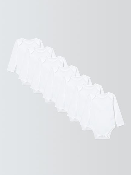 John Lewis Baby Cotton Long Sleeve Bodysuit, Pack of 7, White, White