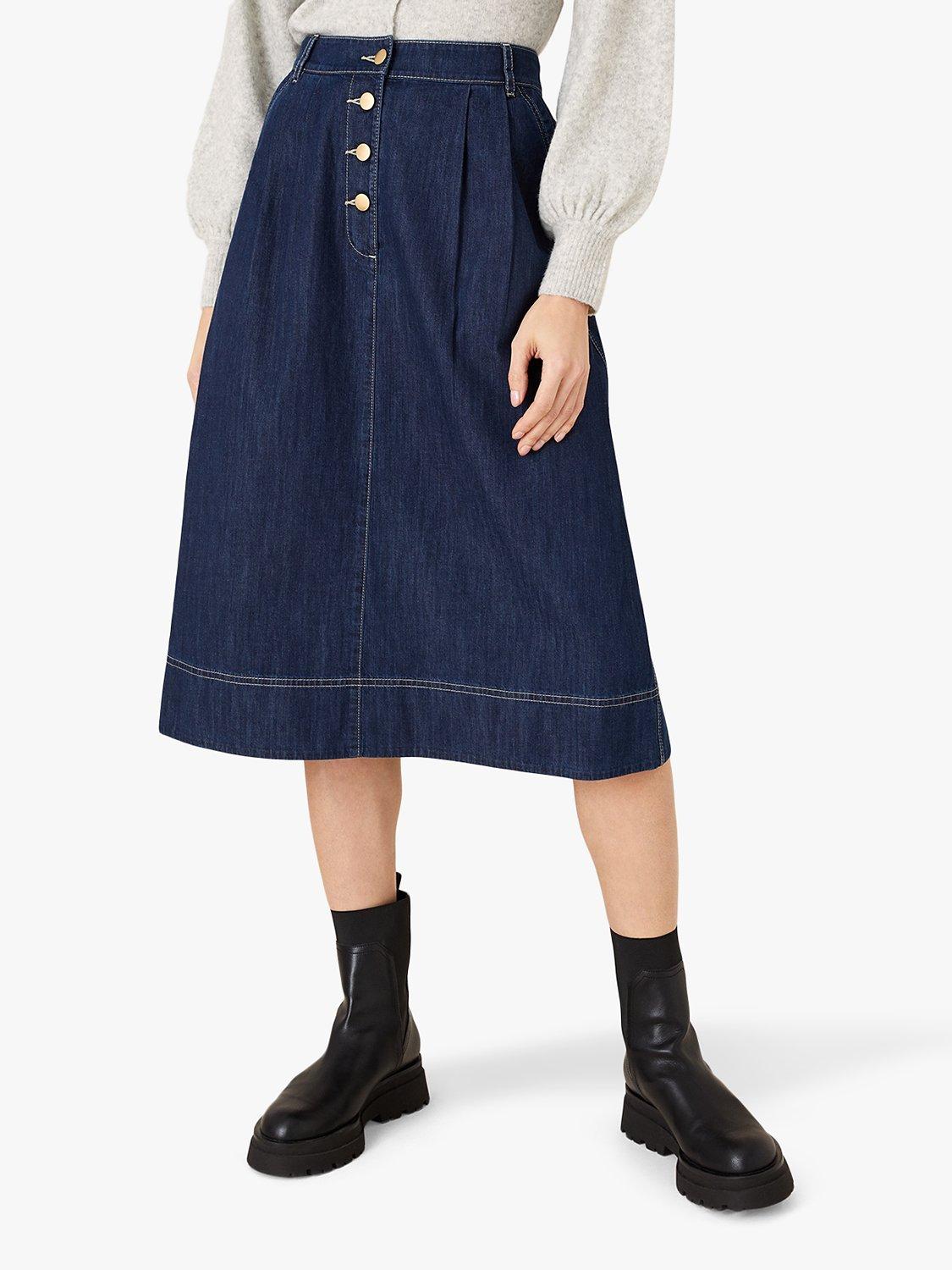 Monsoon Button Fly Denim Midi Skirt, Indigo