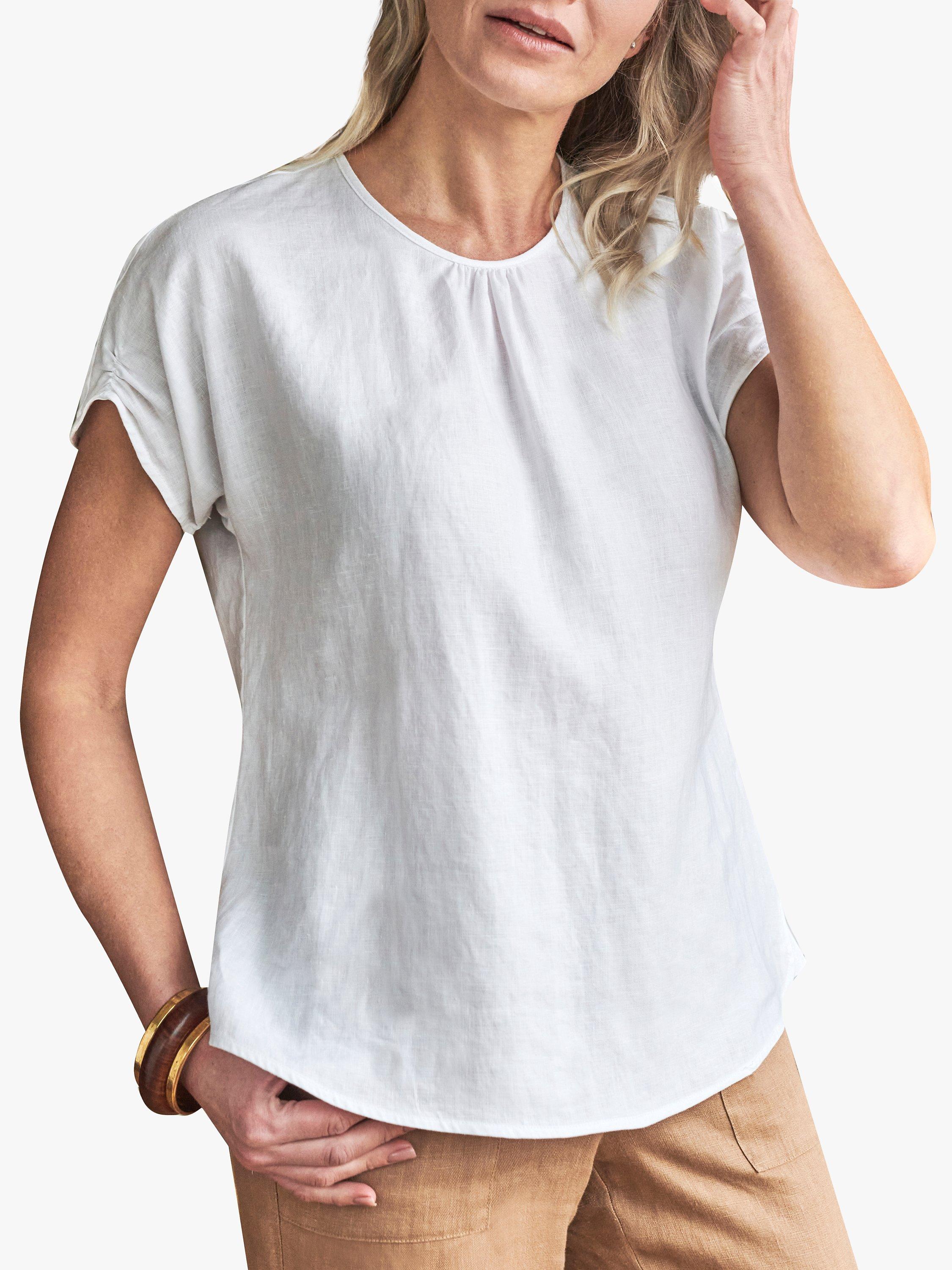 Product image 1 of 2, which shows Pure Collection Linen Gather Sleeve Top, White, 8