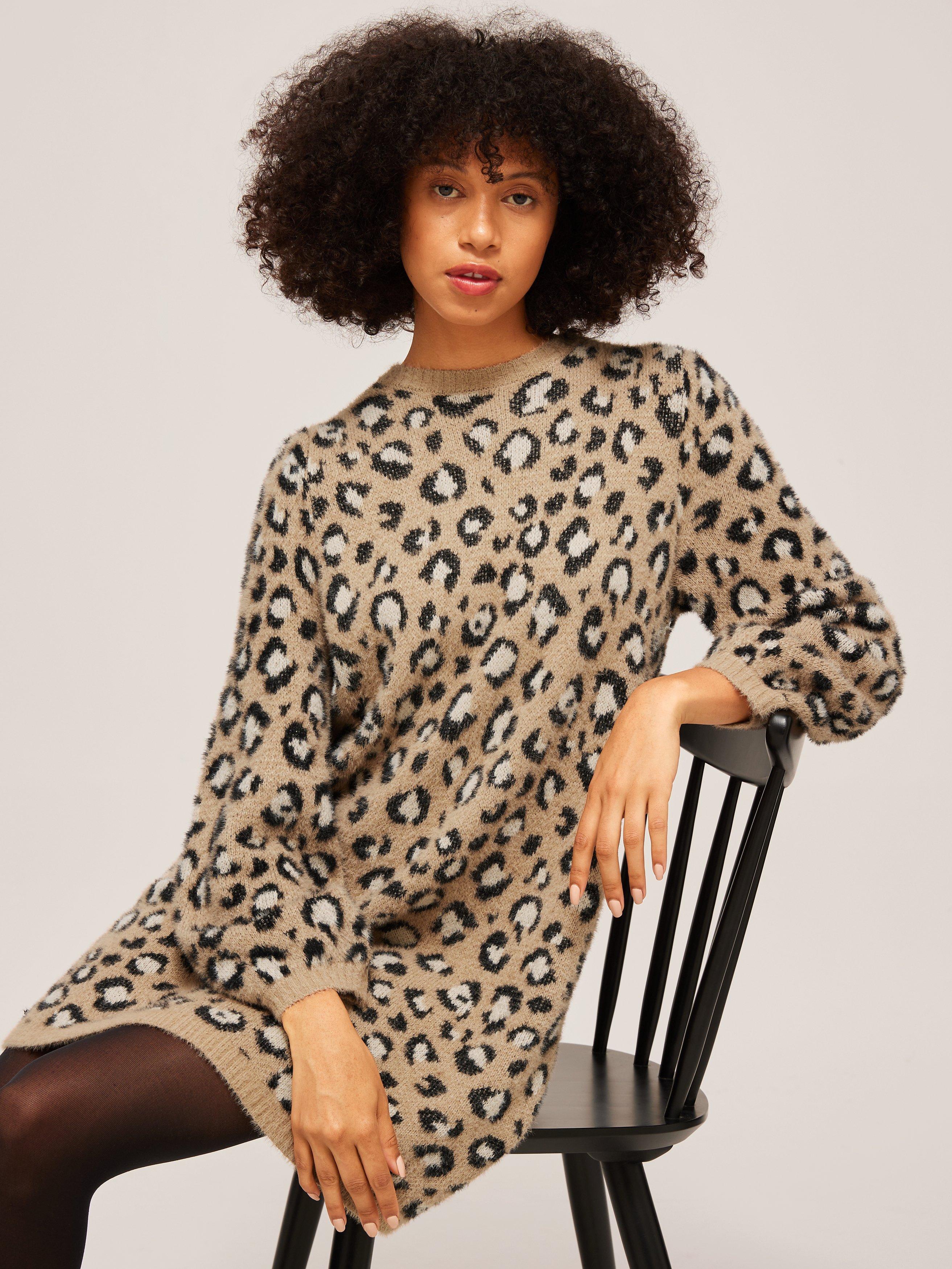 AND OR Cleo Leopard Print Knit Jumper Dress Neutral