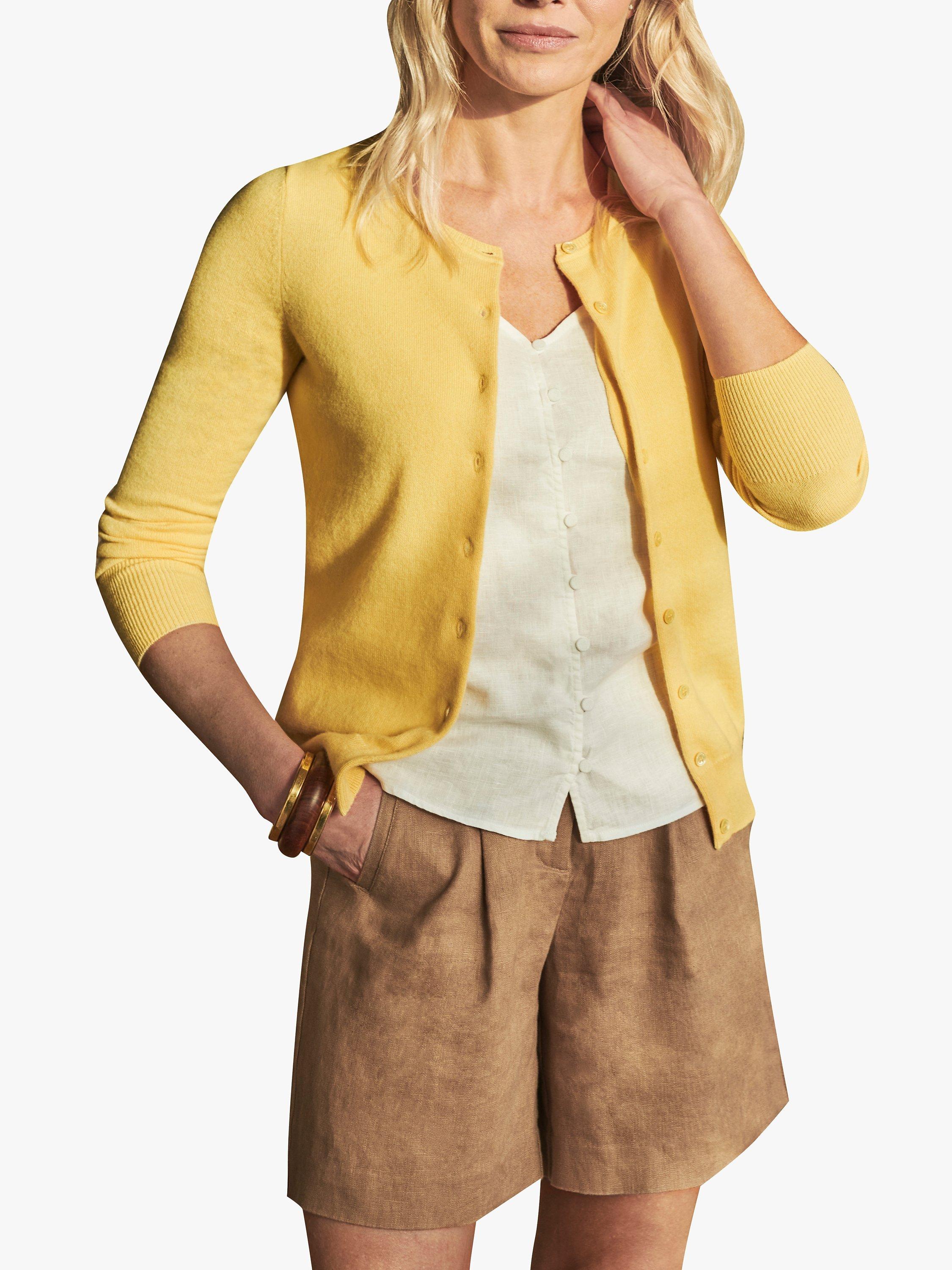 Product image 1 of 2, which shows Pure Collection Crew Neck Cashmere Cardigan, Soft Primrose, 8