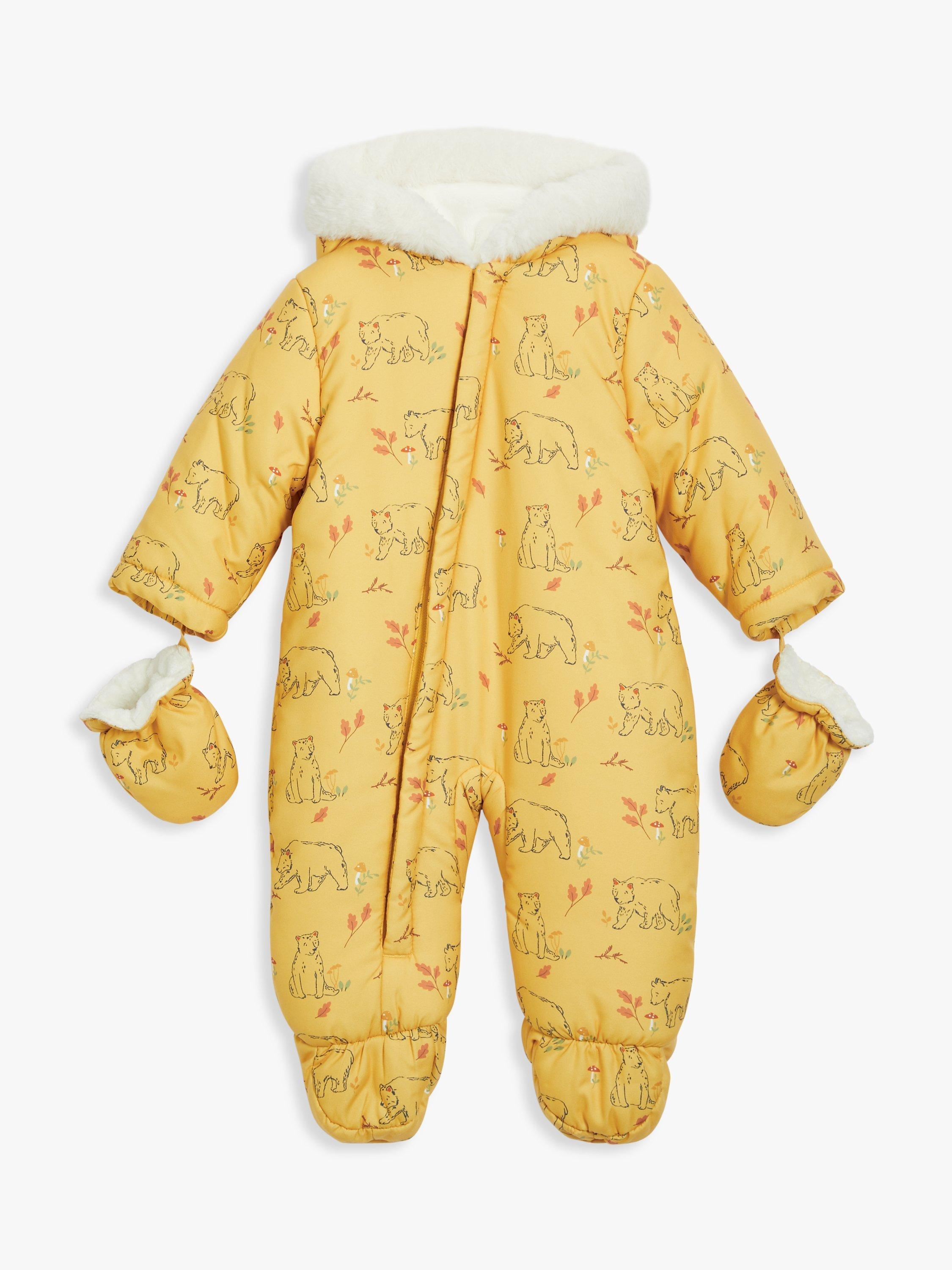 John Lewis Baby Bear Print Shower-Resistant Snowsuit, Yellow
