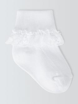 John Lewis Baby Organic Cotton Rich Lace Trim Socks, Pack of 3, White