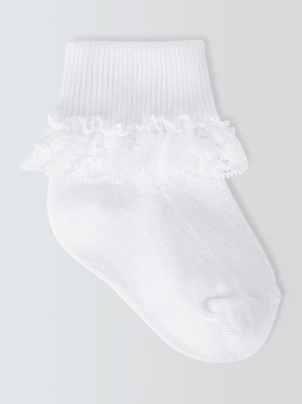 John Lewis Baby Organic Cotton Rich Lace Trim Socks, Pack of 3, White
