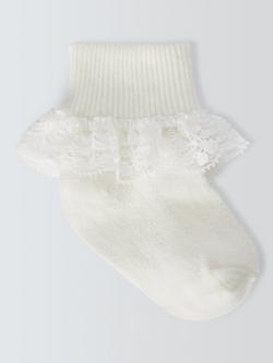 John Lewis Baby Organic Cotton Rich Lace Trim Socks, Pack of 3, Cream