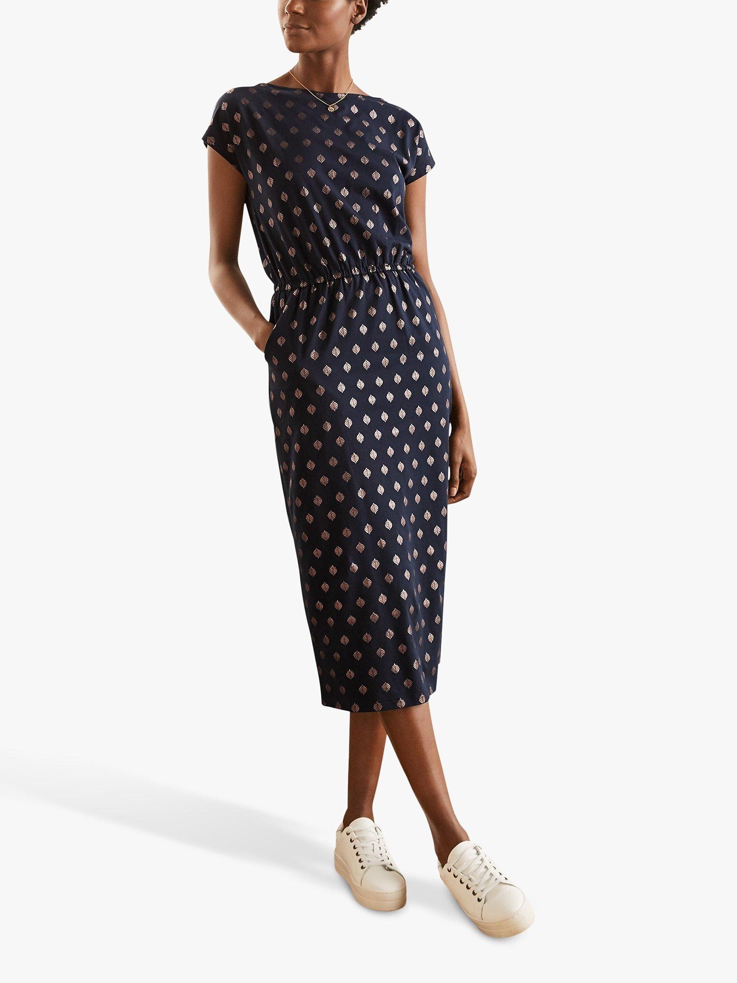 Boden Odile Leaf Print Midi Dress, Navy Palm