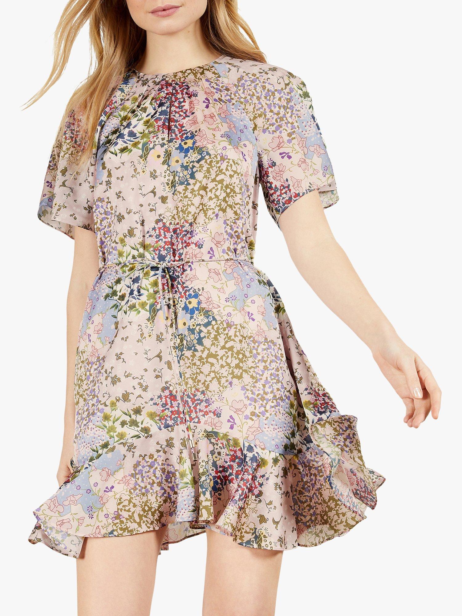 Ted Baker Lalu Floral Print Fluted Hem Mini Dress, Light Pink