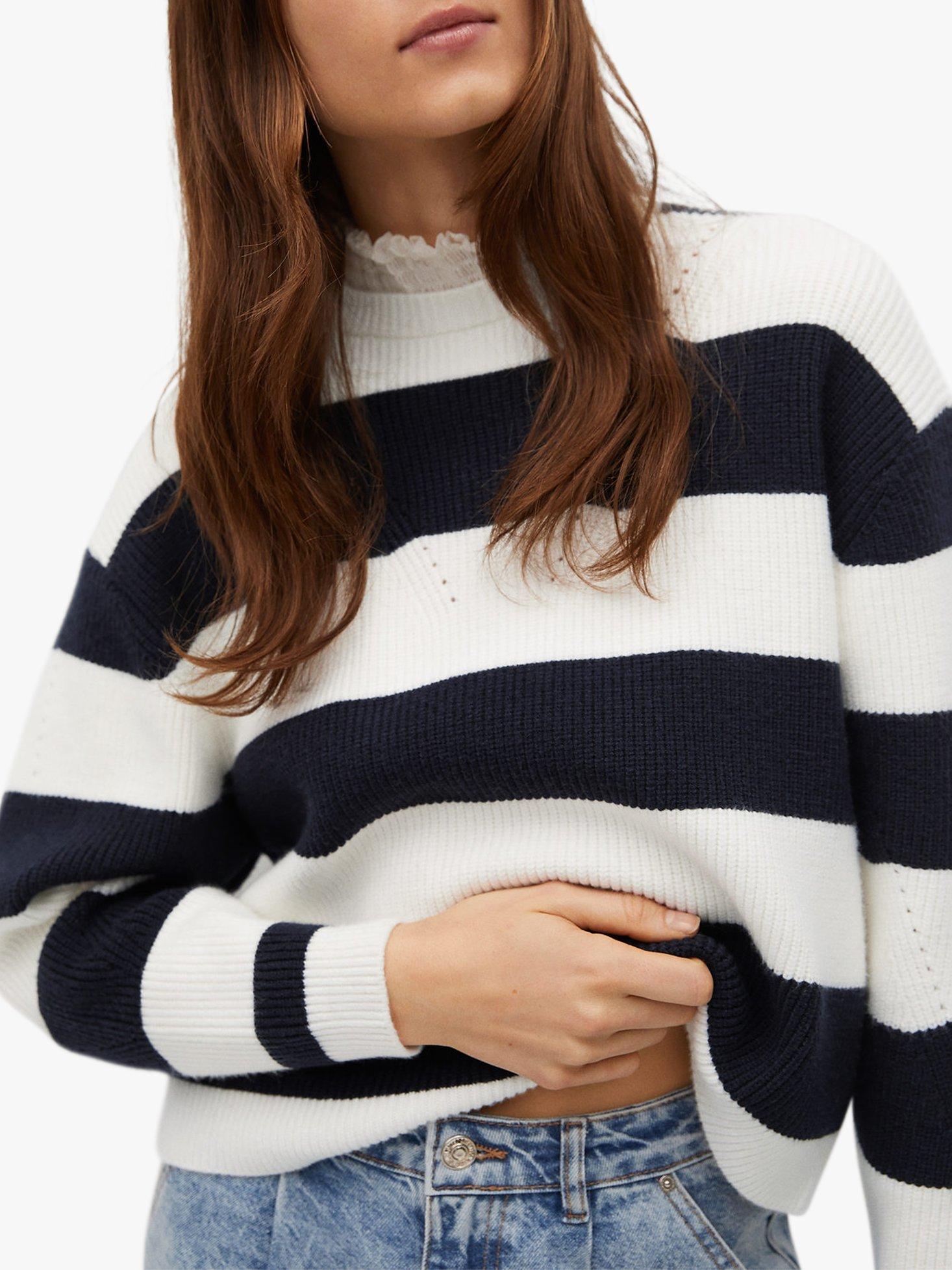 Mango Shirt Collar Striped Jumper, Navy