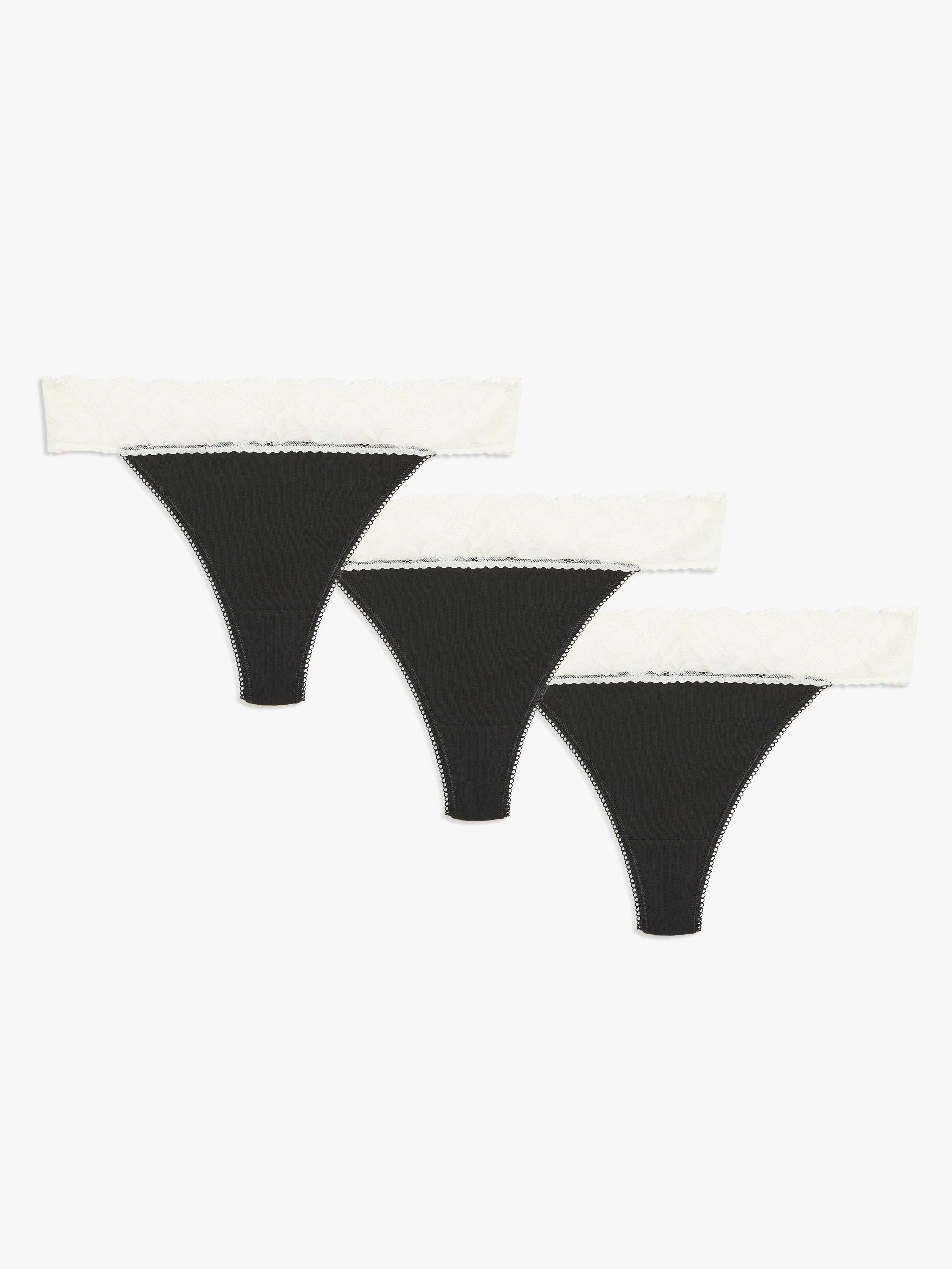 John Lewis ANYDAY Lace Trim Thongs, Pack of 3, Black/White 