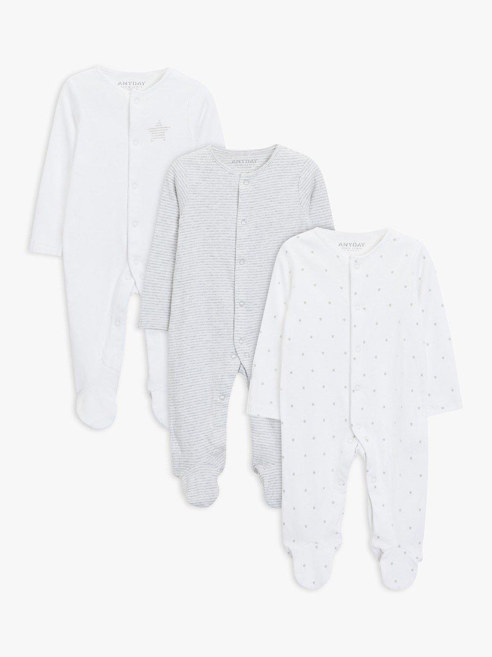 John Lewis ANYDAY Baby Stars Long Sleeve Sleepsuit, Pack of 3, Grey