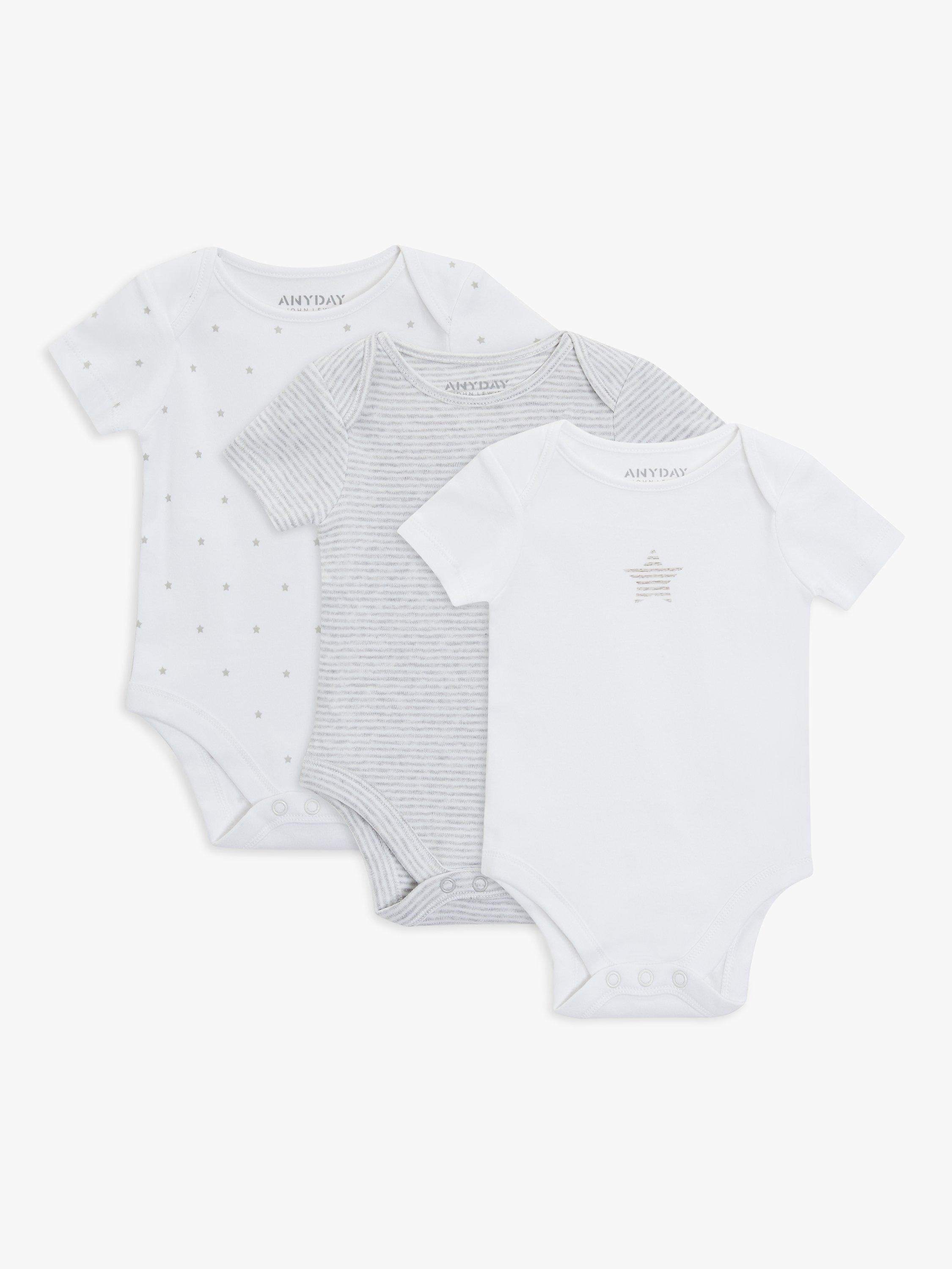 John Lewis ANYDAY Baby Stars and Stripe Bodysuits, Pack of 3, Grey/White