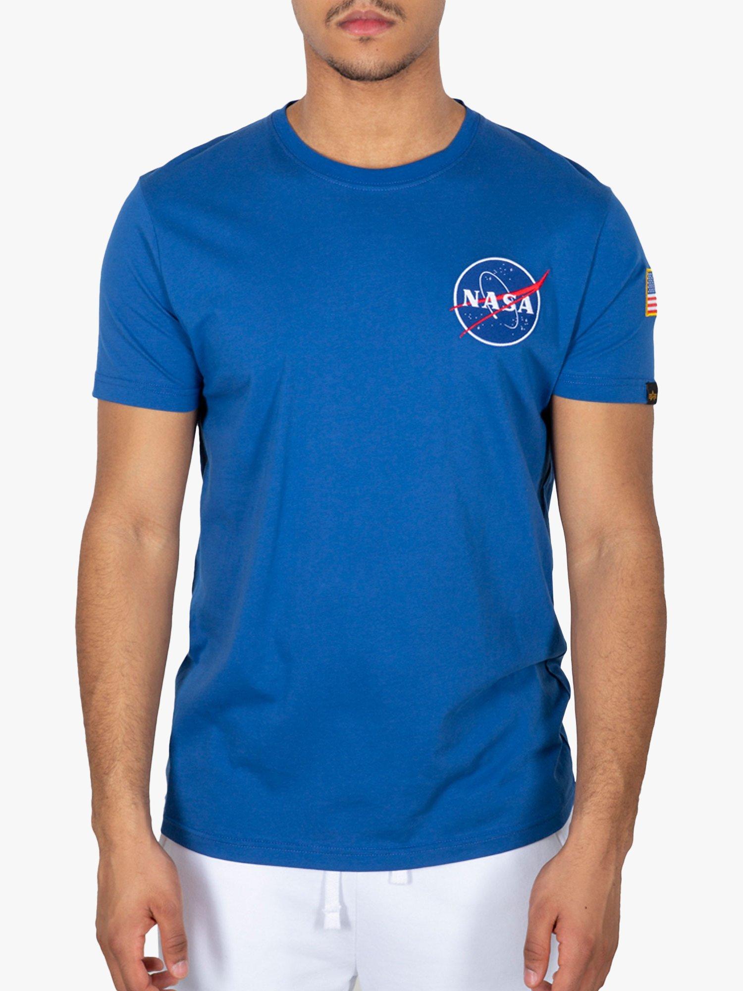 Product image 1 of 6, which shows Alpha Industries X NASA Space Shuttle Logo Crew Neck T-Shirt, 539 NASA Blue, XS
