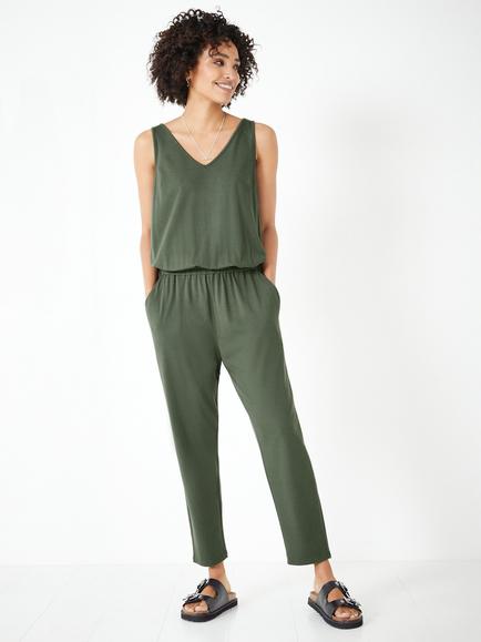 HUSH V-Neck Jersey Cropped Jumpsuit, Khaki
