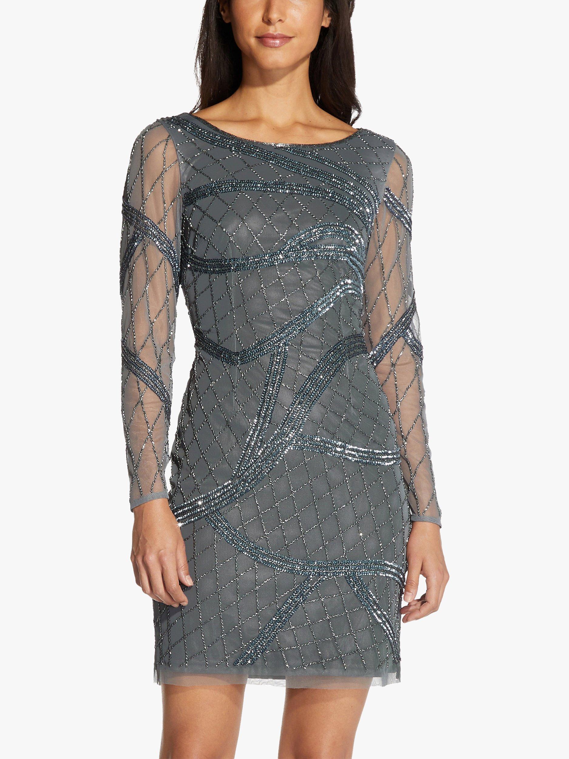 Hailey Logan by Adrianna Papell Beaded Sheer Sleeve Dress, Green Granite