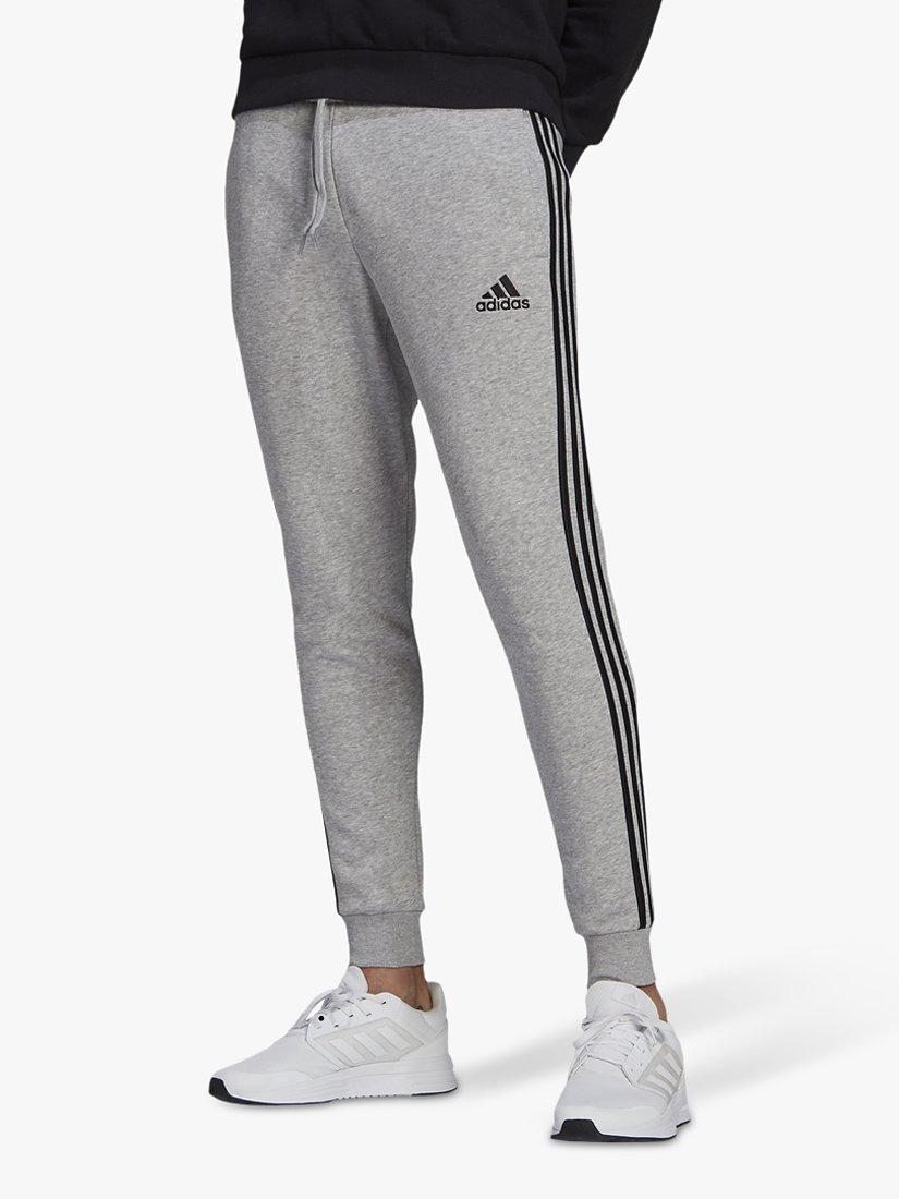 adidas Essentials Fleece Fitted 3-Stripes Joggers, Medium Grey Heather/Black