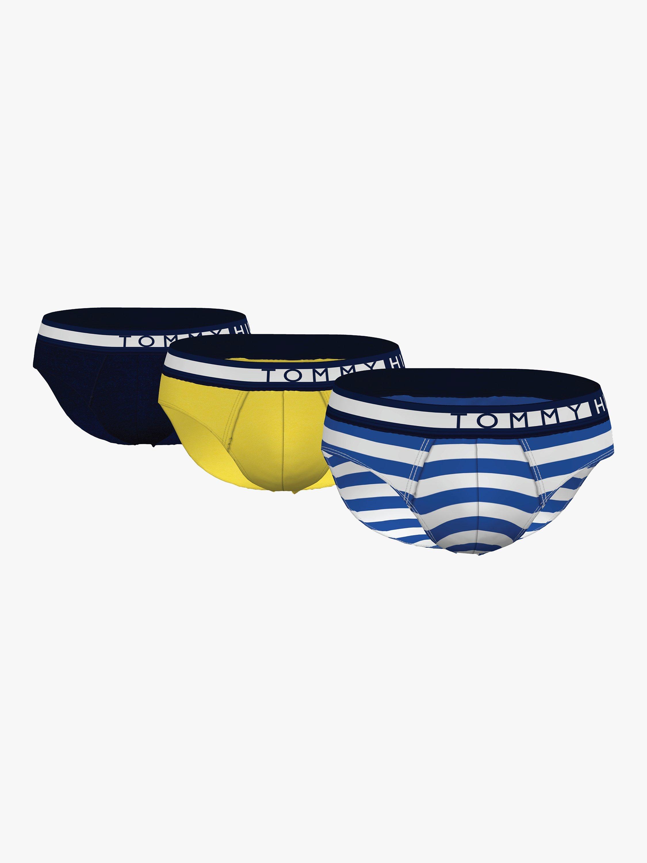 Tommy Hilfiger Organic Cotton Blend Plain Stripe Briefs, Pack of 3, Desert Sky/Primary Yellow/Hoop Stripe