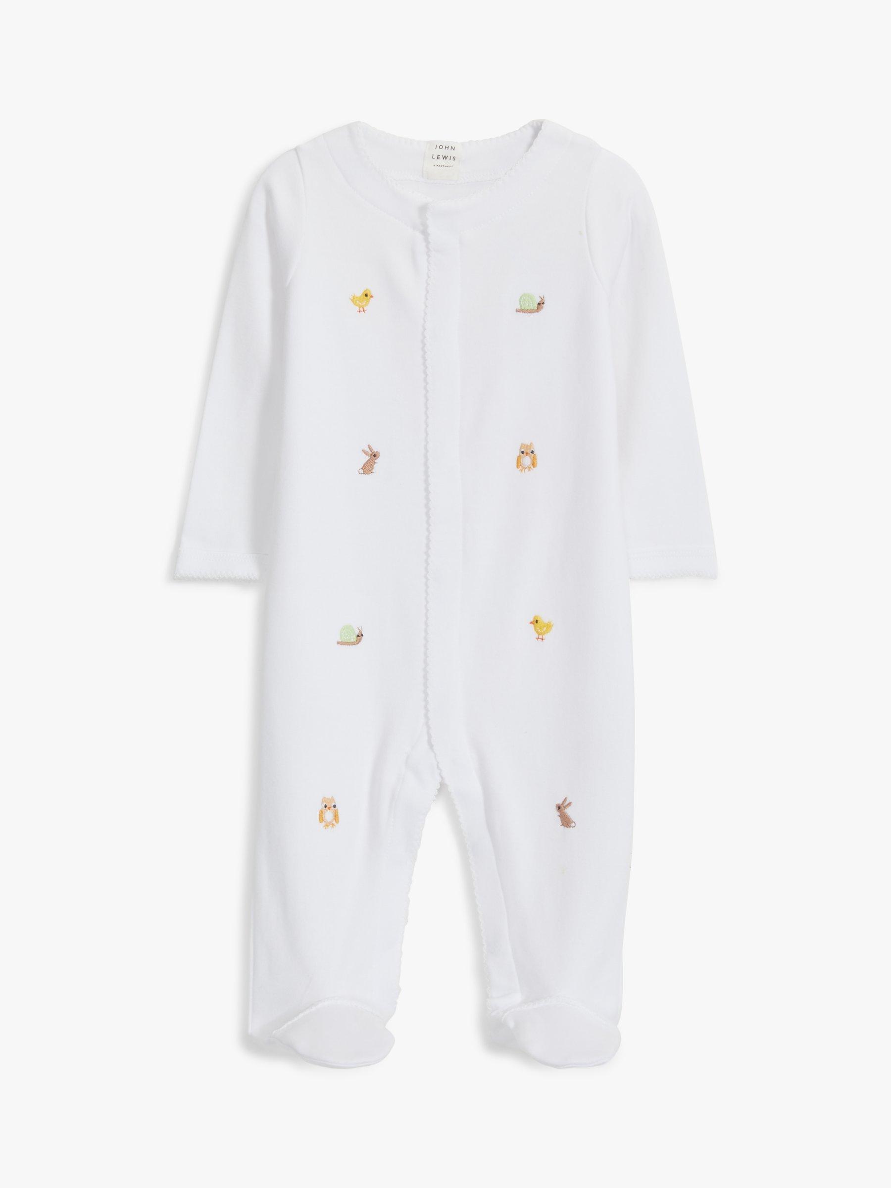 John Lewis Heirloom Collection Baby Woodland Animals Embroidered Sleepsuit, White