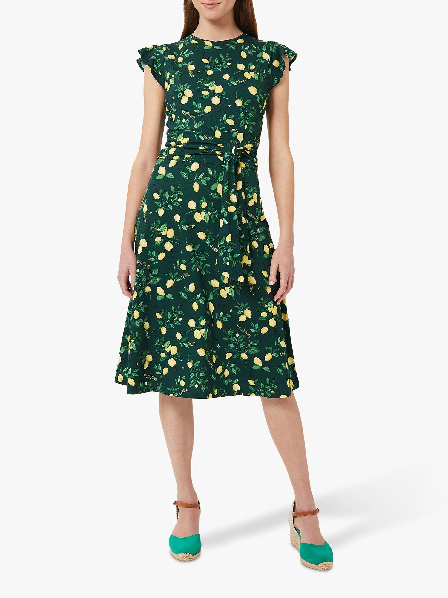 Hobbs Cici Lemon Print Midi Dress, Green/Multi