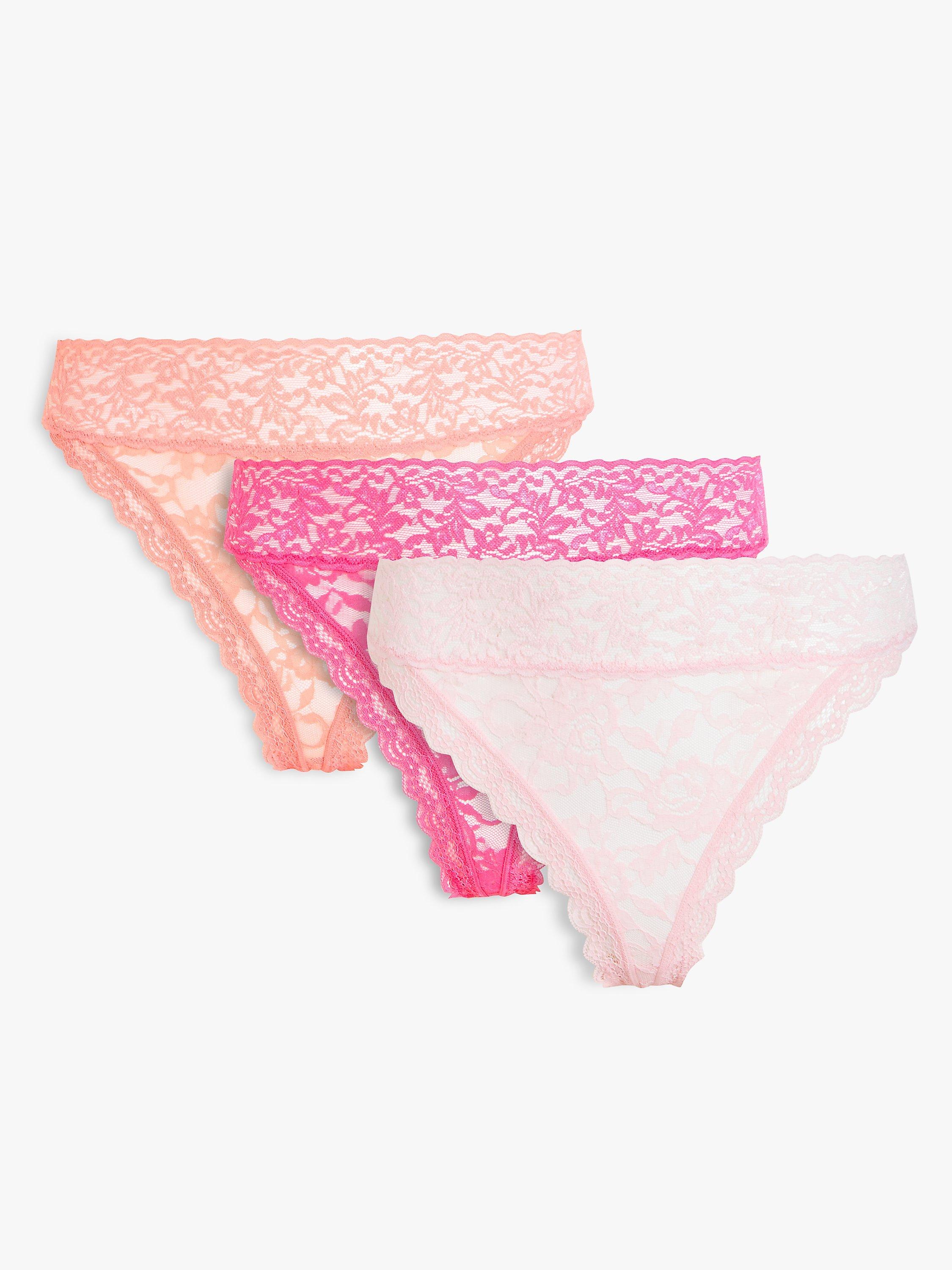 John Lewis ANYDAY Helenca Lace Brazilian Knickers, Pack of 3, Coral/Blush/Lambe, 16