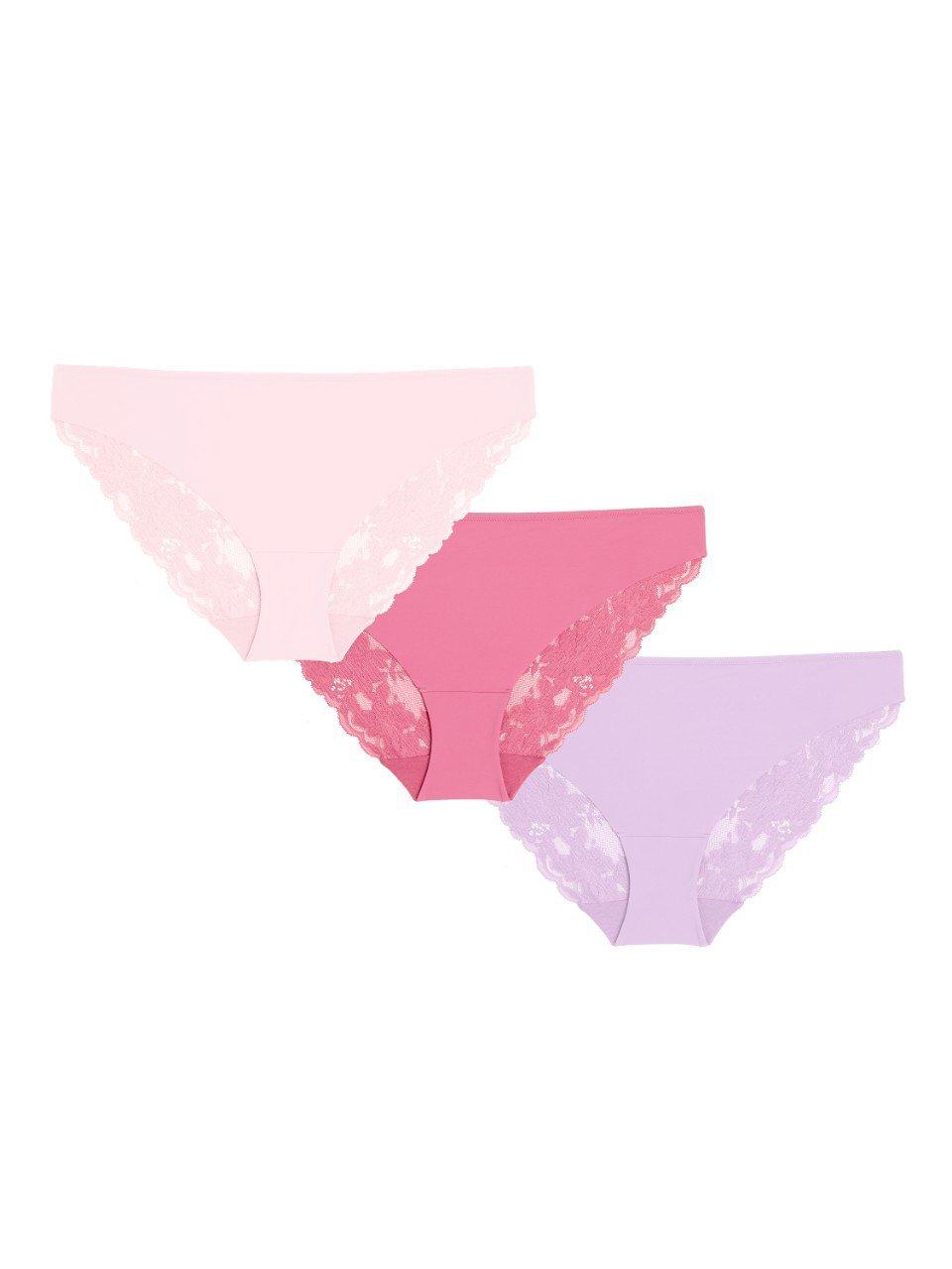 John Lewis ANYDAY Microfibre Lace Bikini Knickers, Pack of 3, Rose/Pinkaboo/Lilac, 12