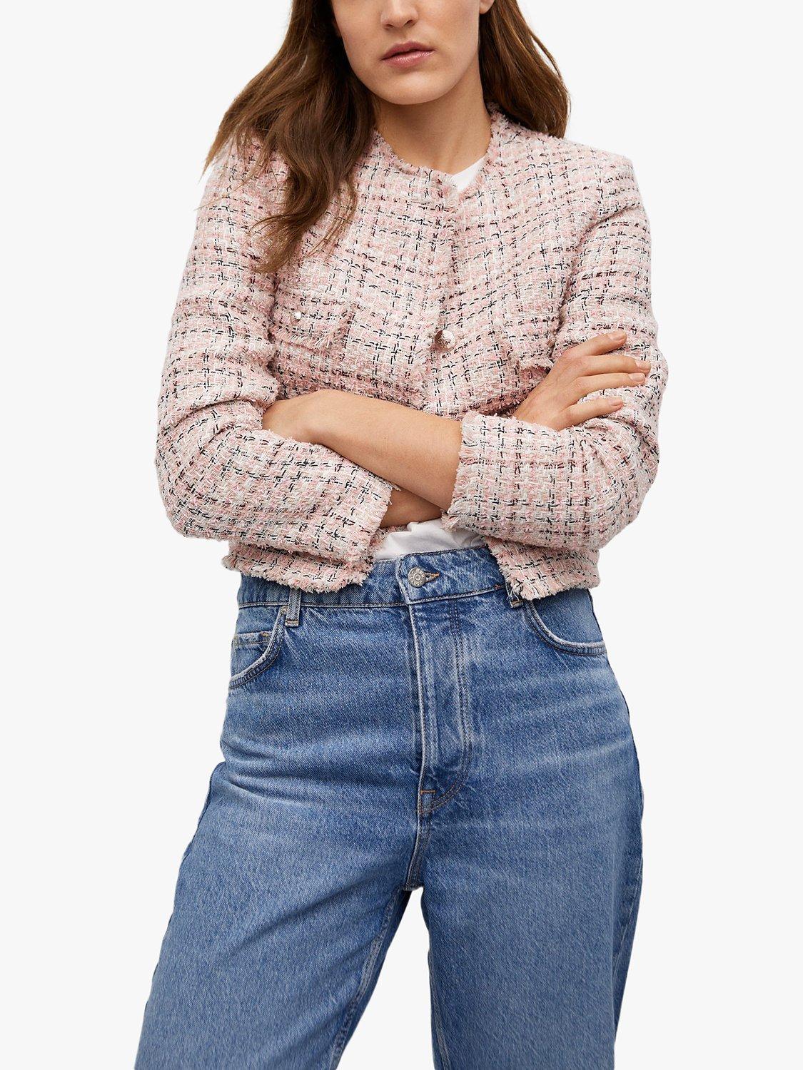 Mango Button Front Tweed Jacket, Pink