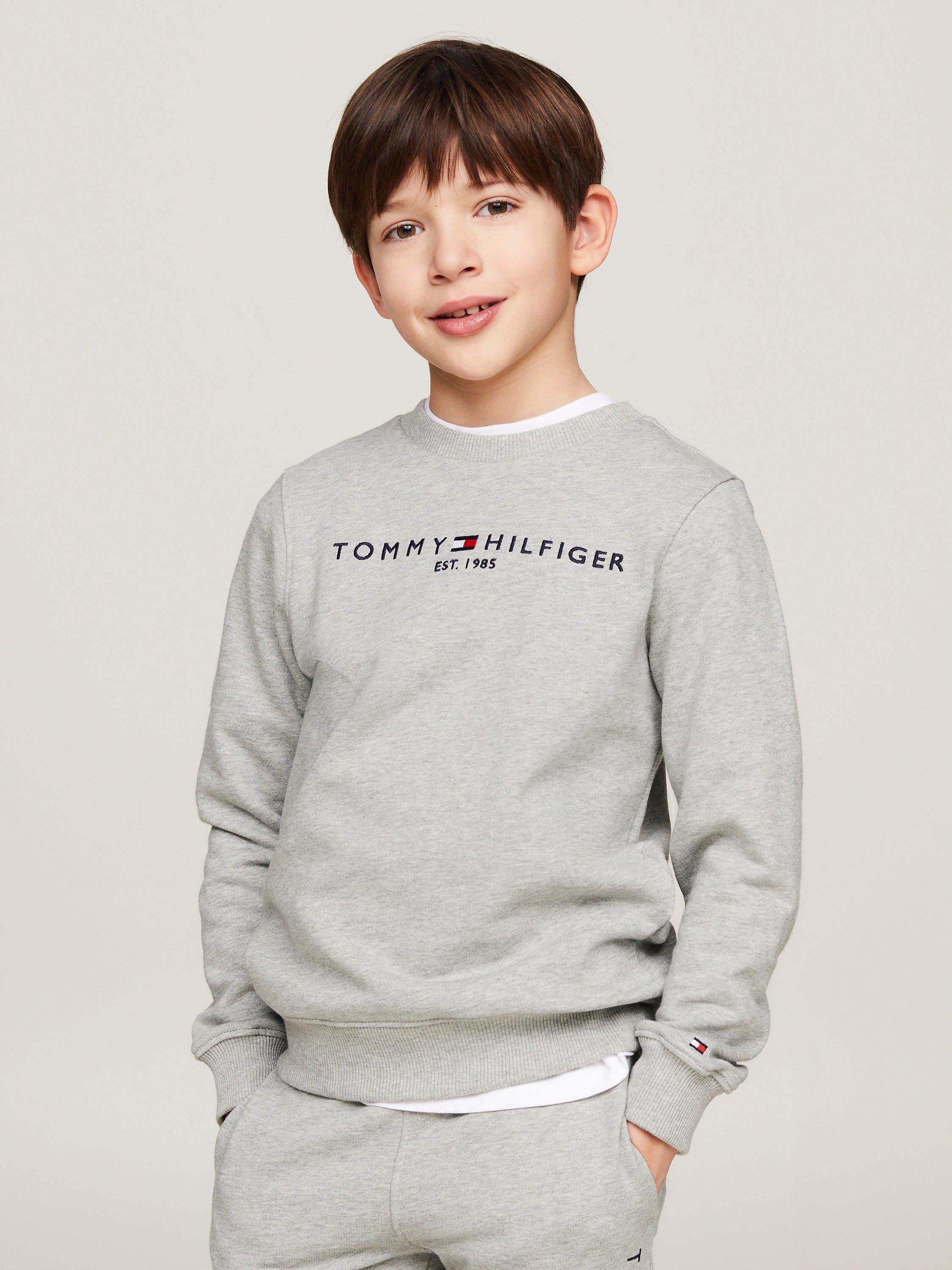 Product image 1 of 6, which shows Tommy Hilfiger Kids' Essential Organic Cotton Logo Sweatshirt, Light Grey Heather, 3 years