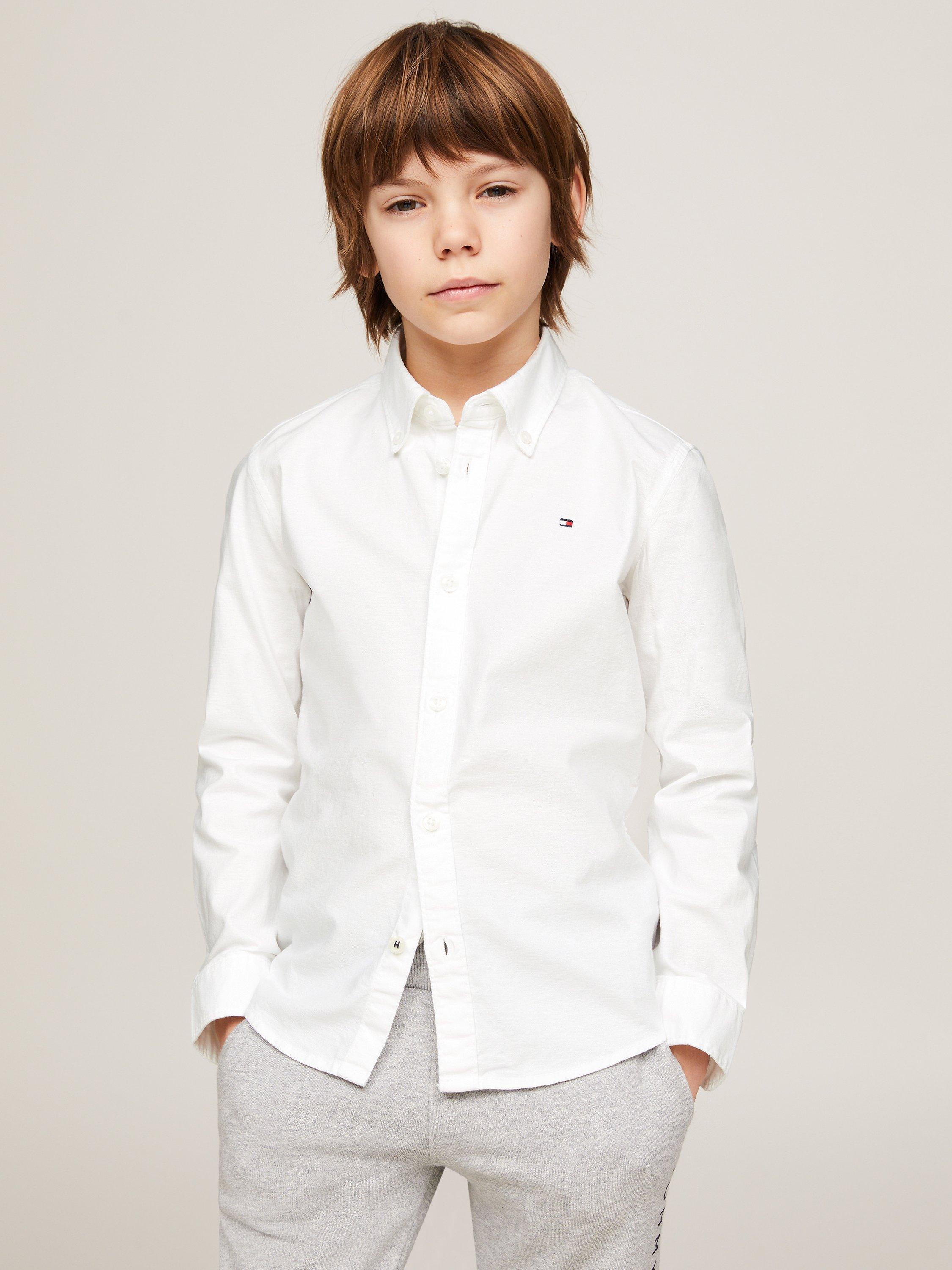 Product image 1 of 7, which shows Tommy Hilfiger Kids' Organic Cotton Blend Stretch Oxford Shirt, White, 3 years