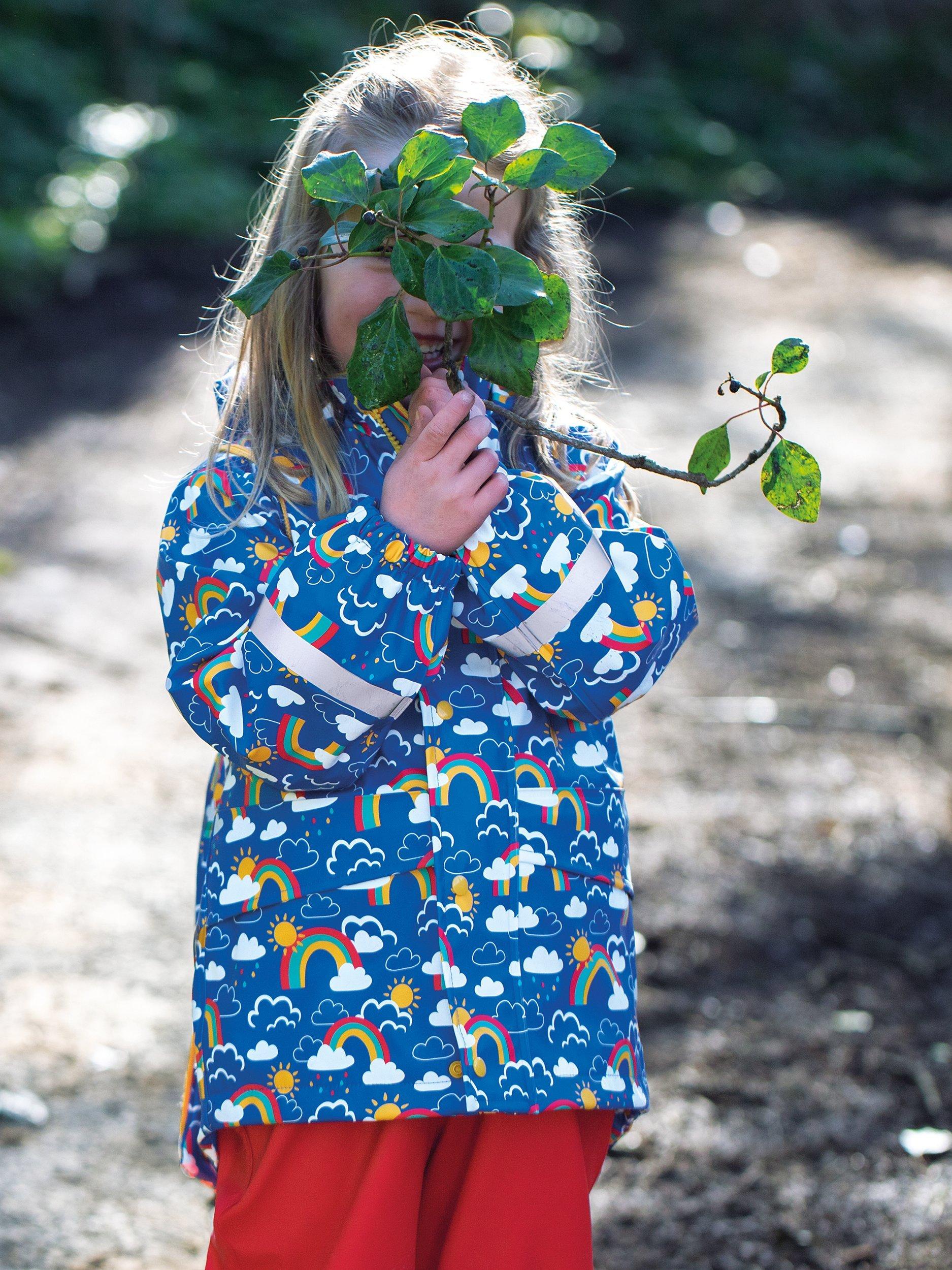 Frugi Kids' Puddle Buster Rainbow Cloud Print Waterproof Coat, Blue