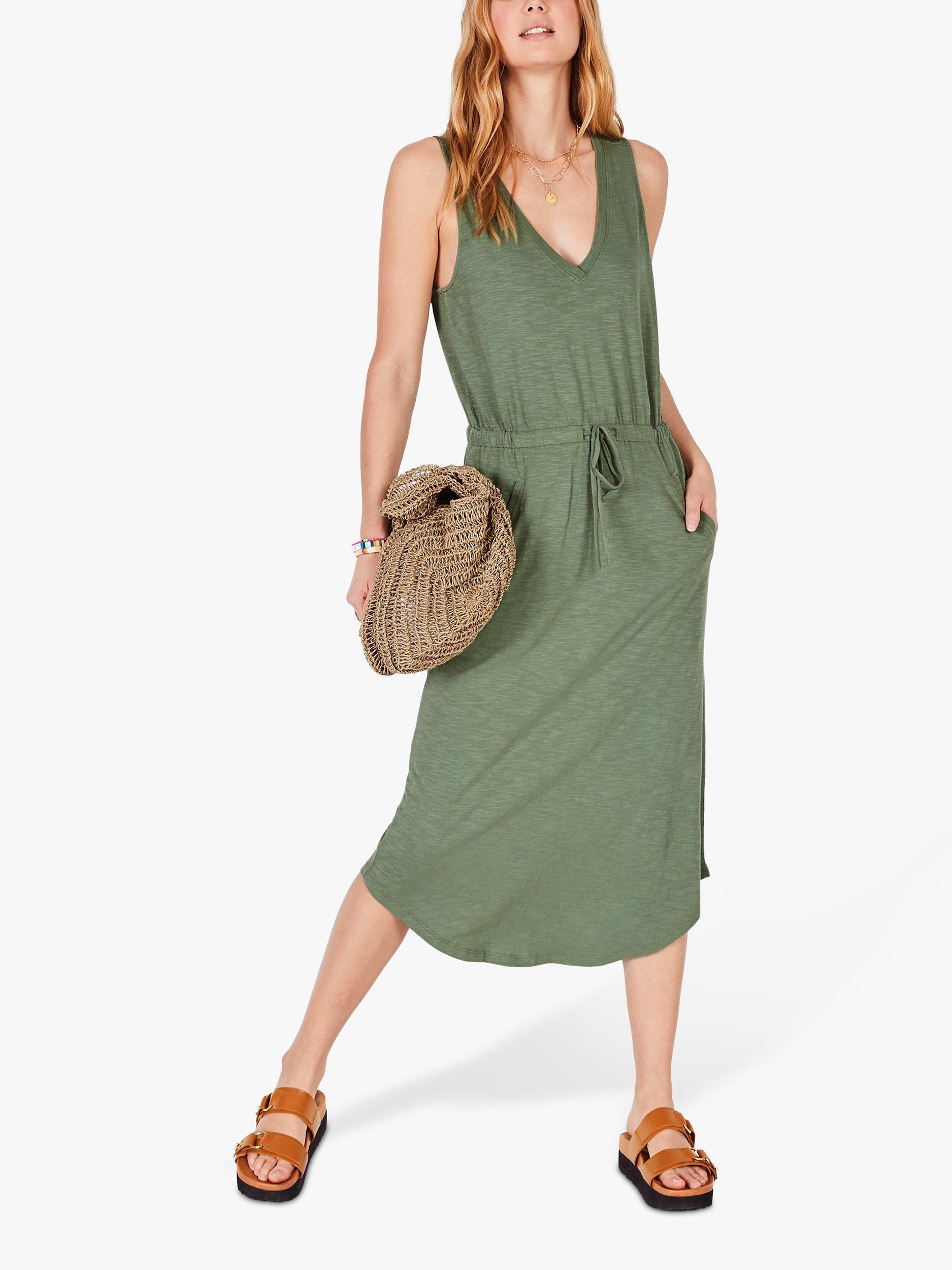 HUSH Organic Cotton V Neck Hem Dress, Khaki