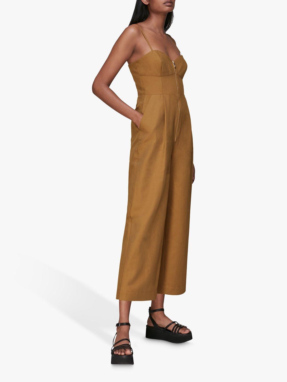 Whistles Zip Detail Wide Leg Linen Blend Jumpsuit, Khaki