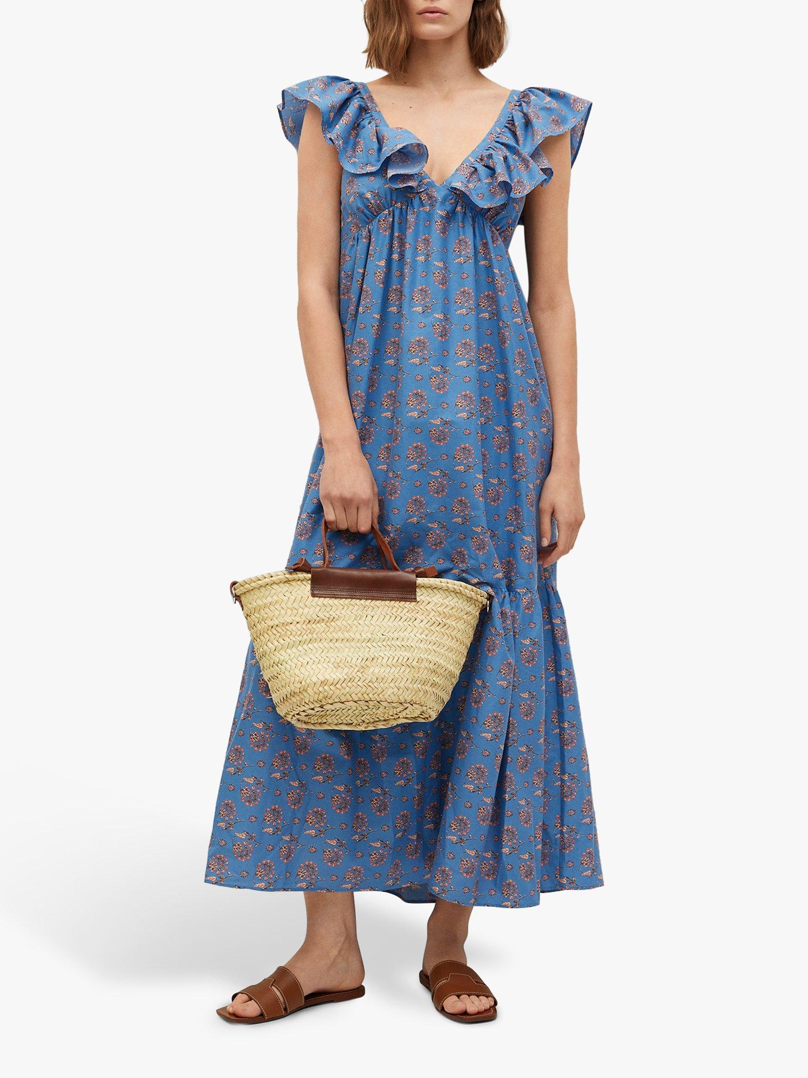 Mango Floral Print Ruffle Detail Maxi Dress, Blue