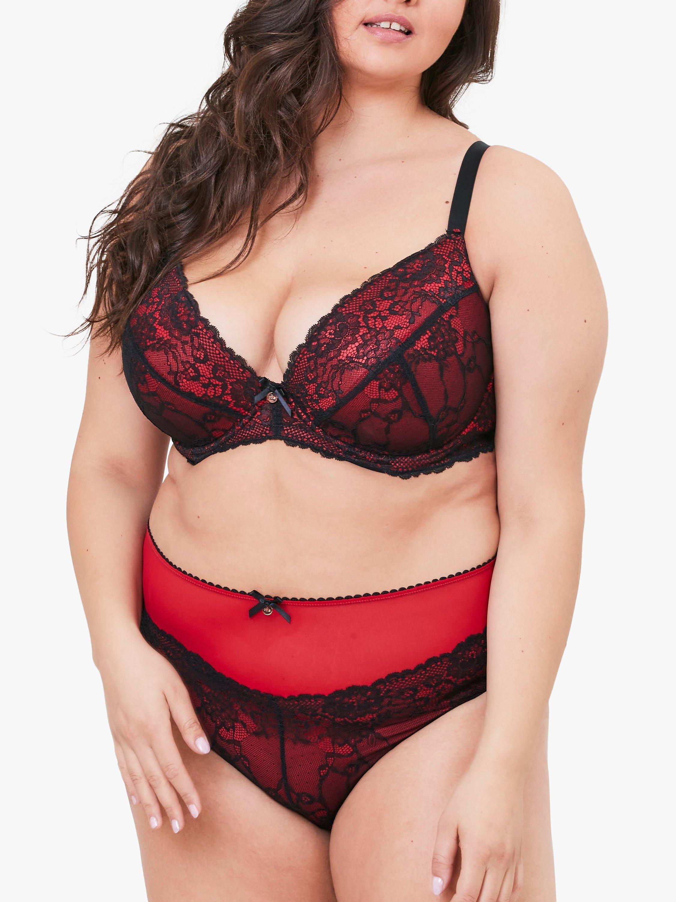 Product image 3 of 6, which shows Oola Lingerie Tonal Lace Padded Plunge Bra, Red/Black, 38F