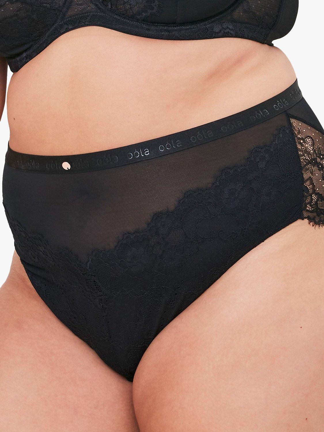 Product image 1 of 6, which shows Oola Lingerie Lace and Logo High Waist Knickers, Black, 26-28