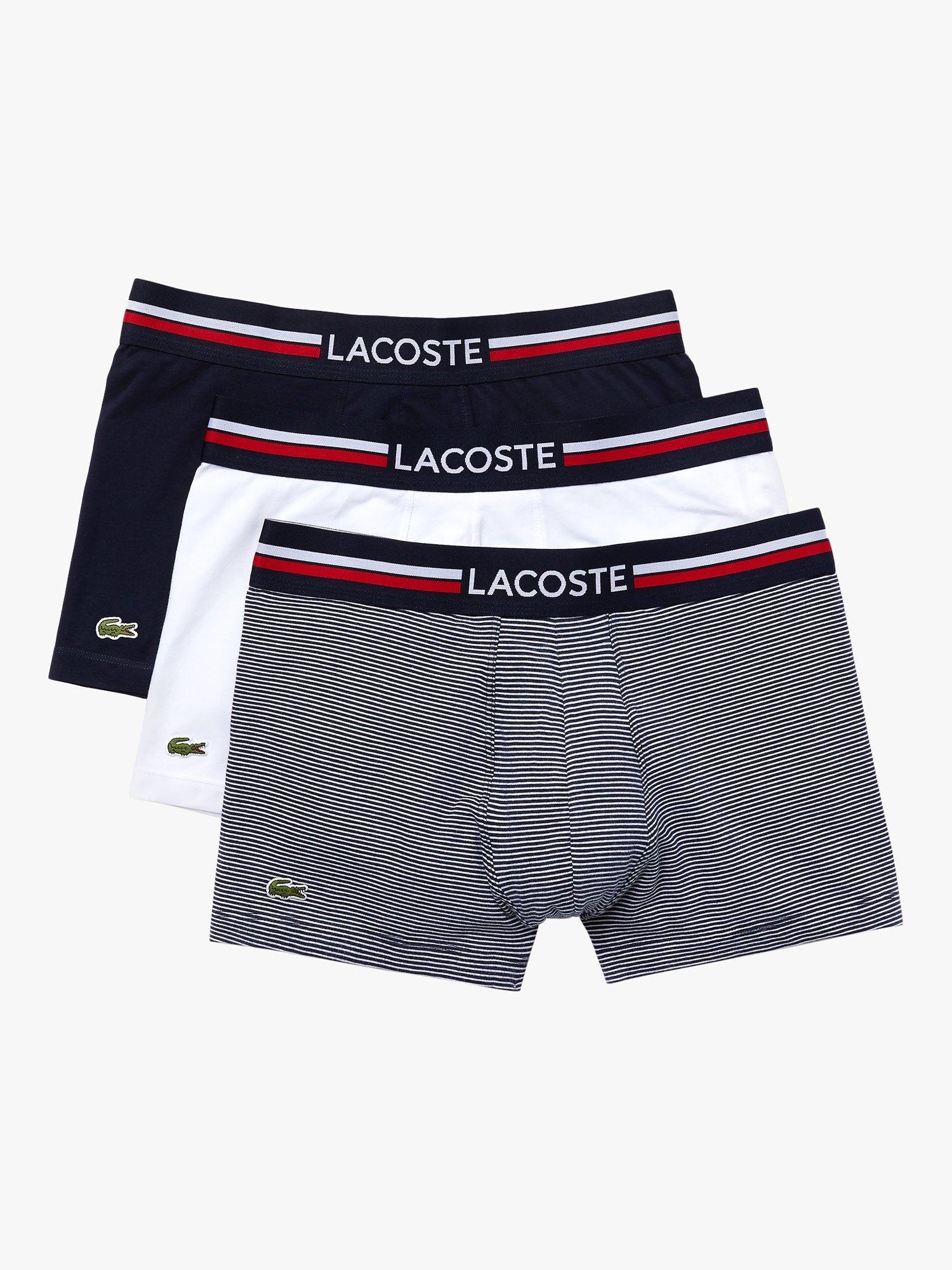 Product image 1 of 5, which shows Lacoste Three Tone Colour Waistband Trunks, Pack of 3, Marine/White, S
