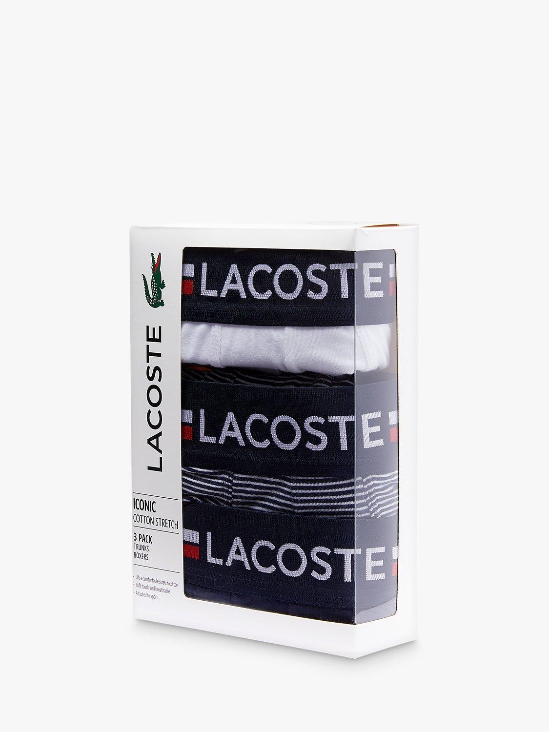 Product image 2 of 5, which shows Lacoste Three Tone Colour Waistband Trunks, Pack of 3, Marine/White, S