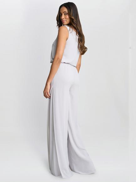 Gina Bacconi Layered Chiffon Wide Leg Side Slit Trousers - view 2, Silver Mist