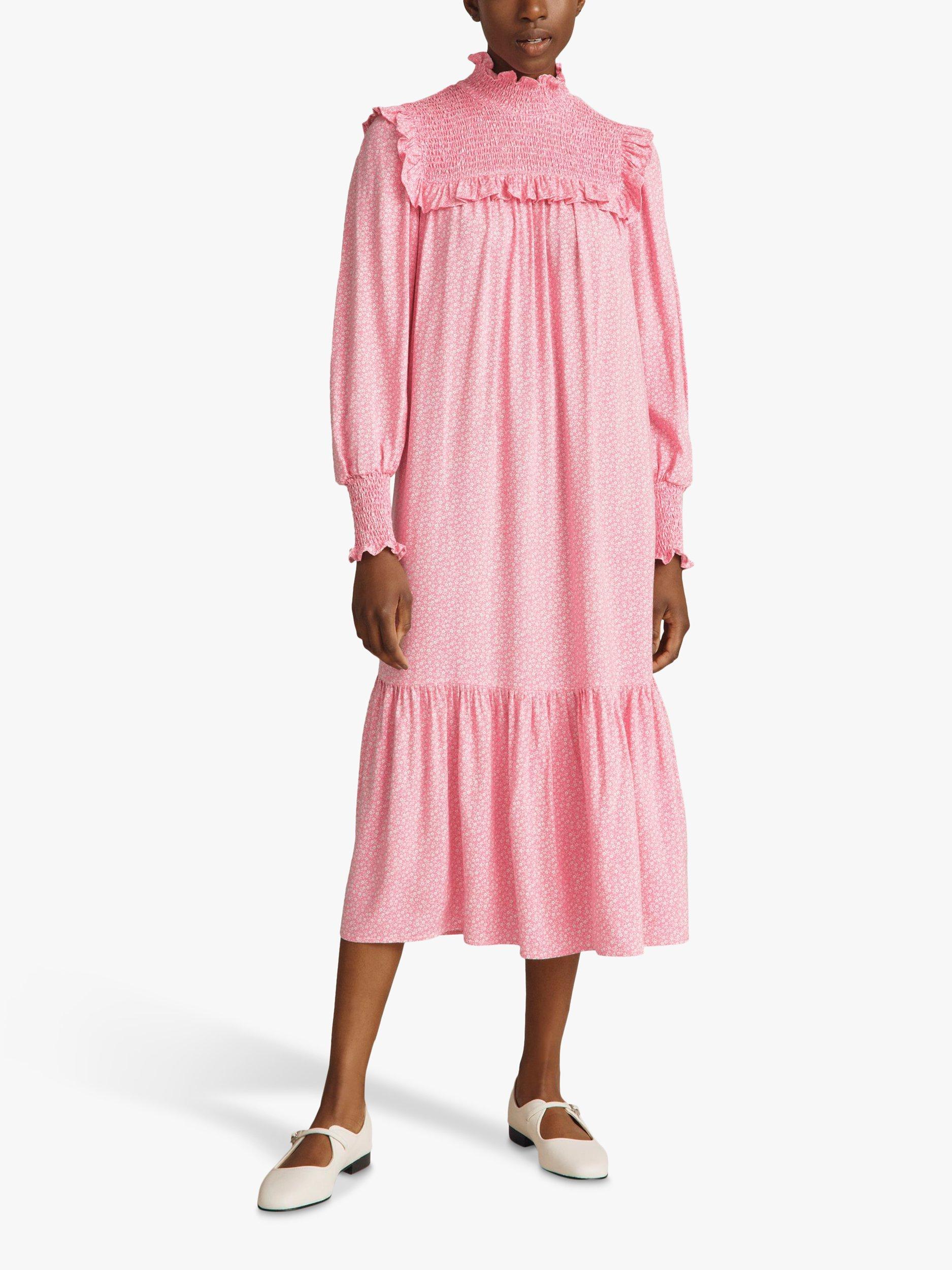 Ghost Anisha Folk Floral Print Midi Dress, Pink Daisies, XS