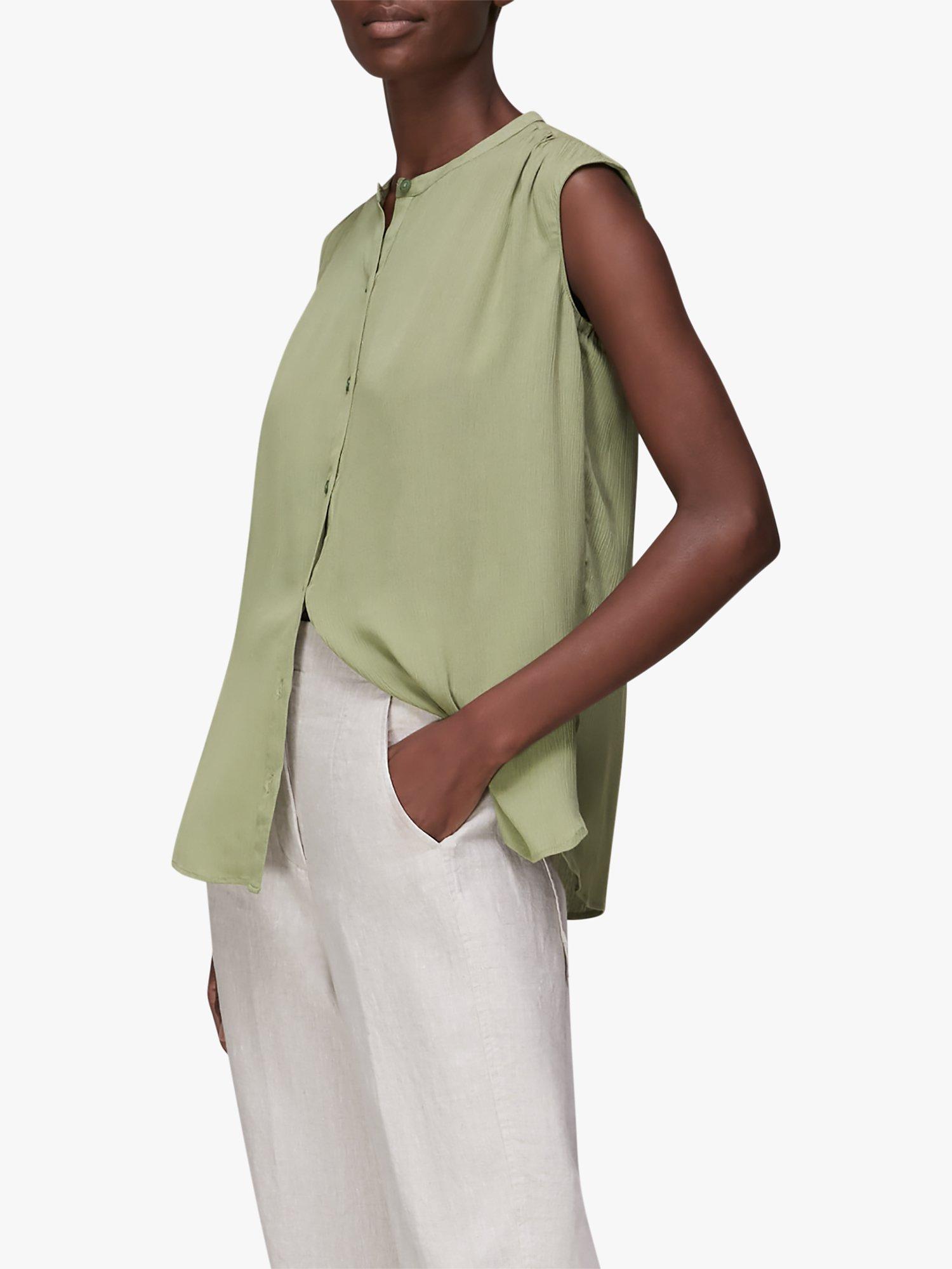 Whistles Crinkle Button Front Sleeveless Blouse, Sage Green