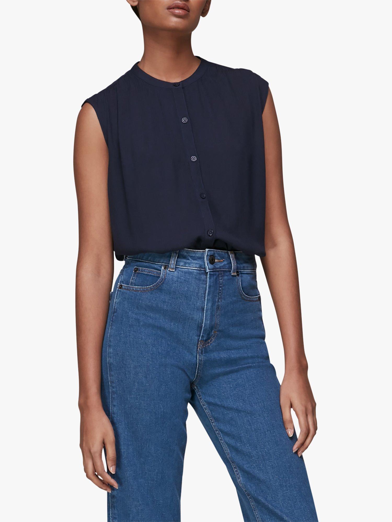 Whistles Crinkle Button Front Sleeveless Blouse, Blue