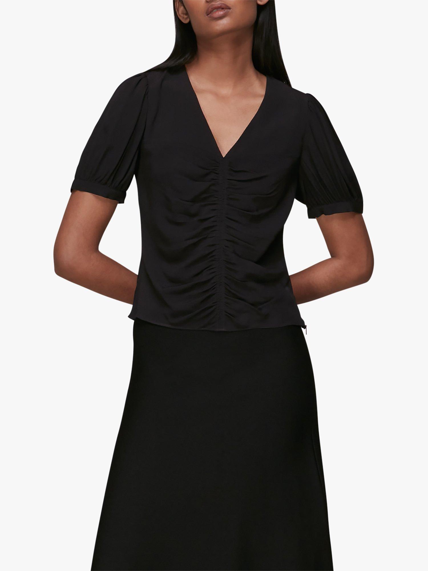 Product image 1 of 3, which shows Whistles Gathered Detail V-Neck Blouse, Black, 6