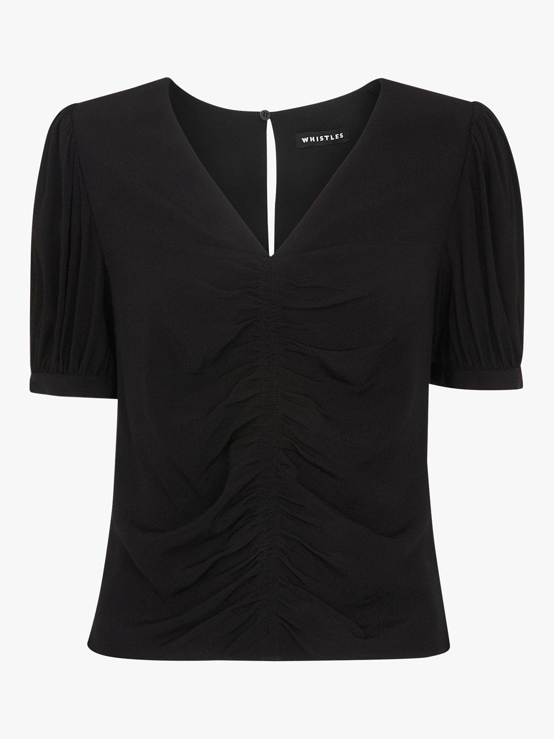 Product image 3 of 3, which shows Whistles Gathered Detail V-Neck Blouse, Black, 6