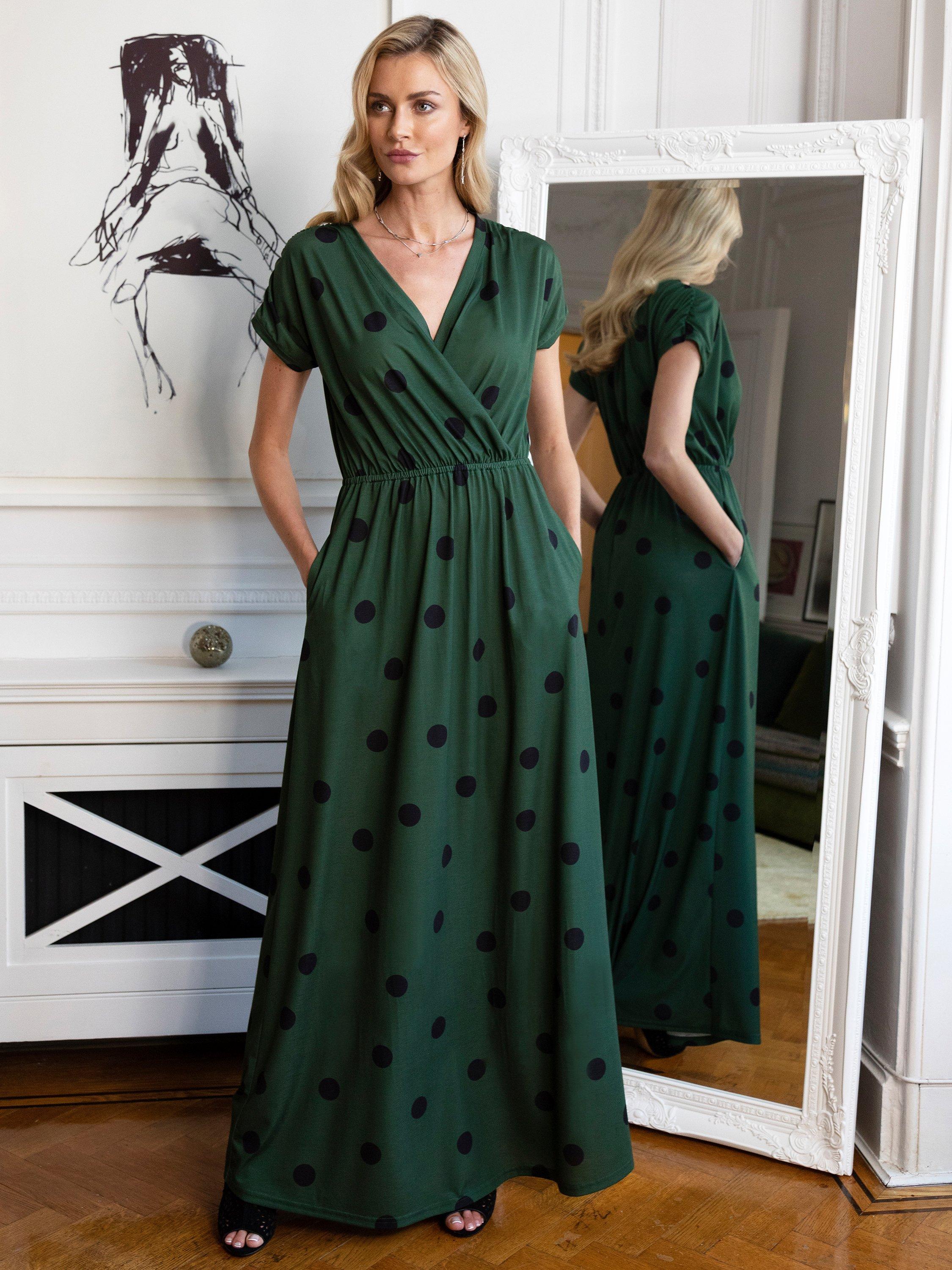 HotSquash Spot Print Wrap Front Maxi Dress Green Black