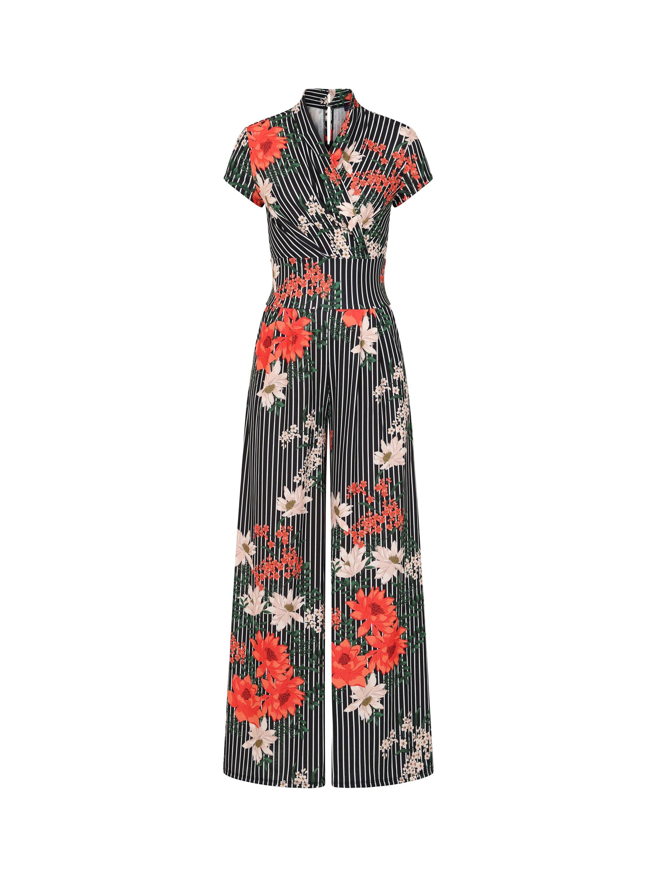 Product image 4 of 5, which shows HotSquash Pinstripe Floral Jersey Wide Leg Jumpsuit, Black/Multi, 18