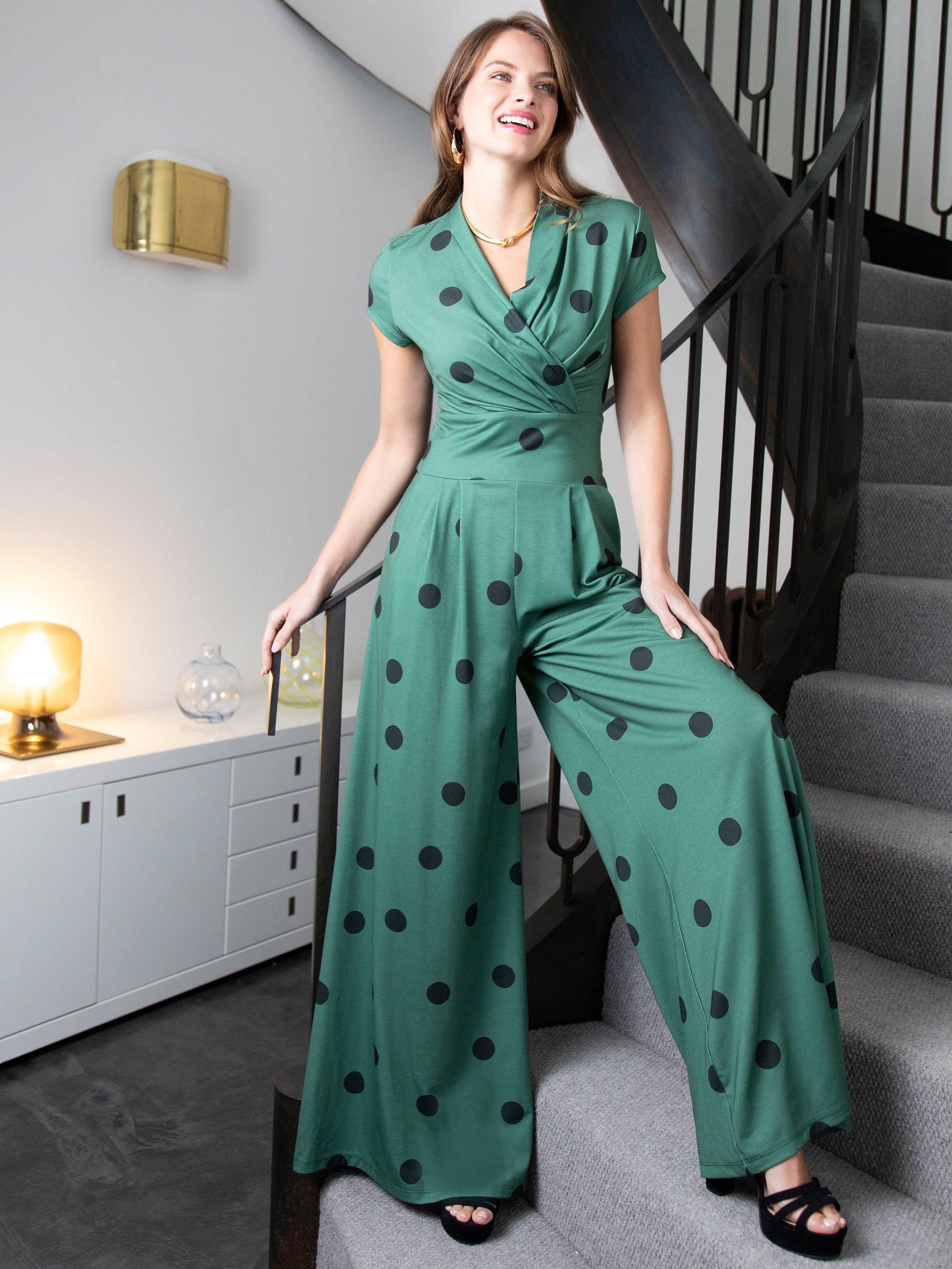 HotSquash Jersey Polka Dot Wide Leg Jumpsuit Green